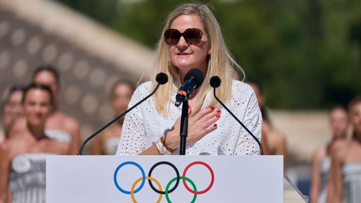 International Olympic Committee President Kirsty Coventry speaks during the Dakar 2026 Youth Olympic Games flame handover ceremony at Panathenaic stadium, in Athens, Greece, on Thursday, Sept. 10, 2026.
