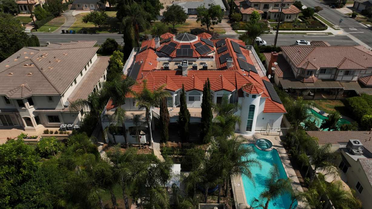An aerial view shows the home of Silvia Zhang and Guojun Xuan on July 16, 2025, in Arcadia, Calif. A California couple have been arrested on child abuse charges following an investigation into a surrogacy scheme involving at least 21 children ranging in age from a few months to 13 years.