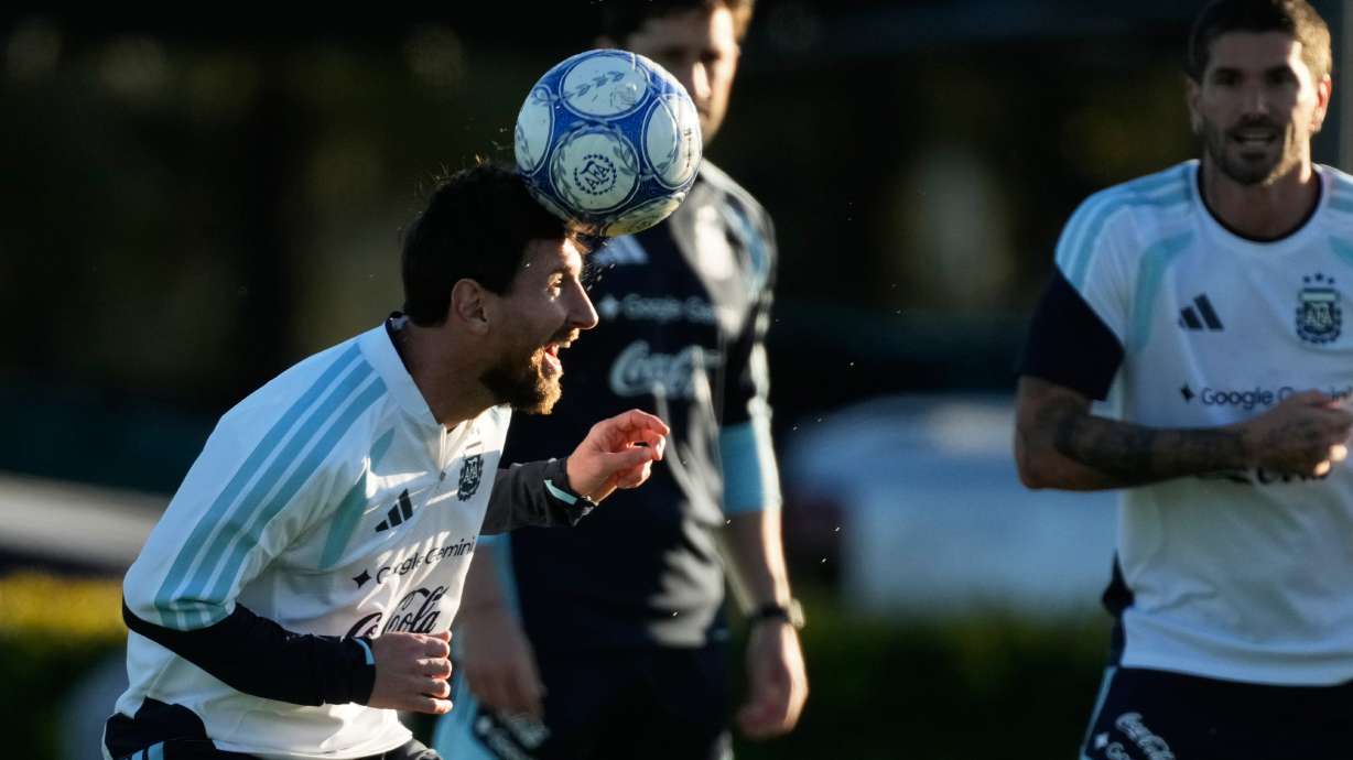 Argentina's Lionel Messi trains for his final game with the national team, an international friendly soccer match against Benin, in Buenos Aires, Argentina, Monday, Oct. 5, 2026.