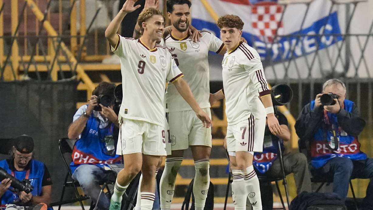 Spain's Mikel Merino, center, celebrates scoring his side's 2nd goal during a Nations League soccer match between Croatia and Spain in Split, Croatia, Tuesday, Oct. 6, 2026.