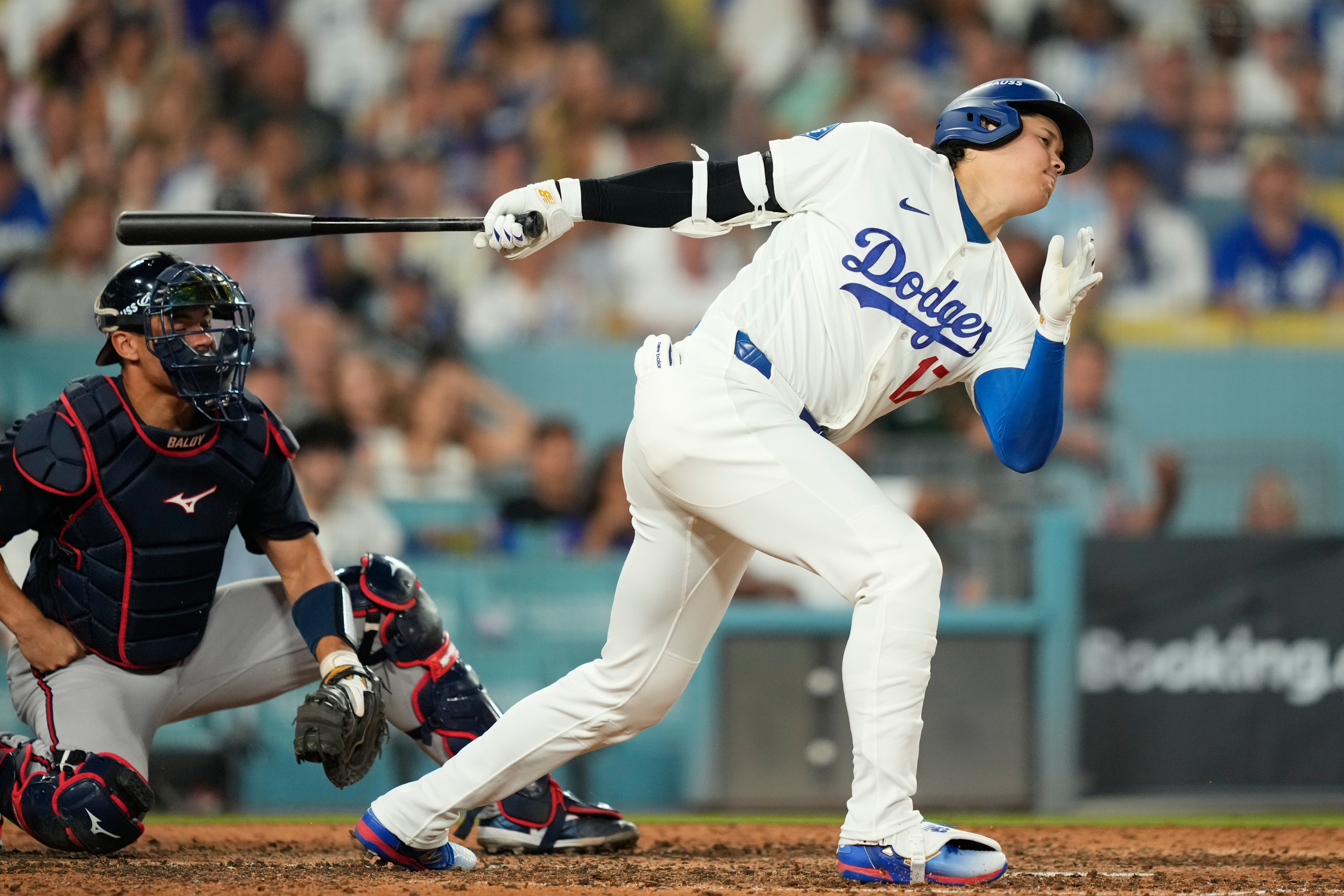 Los Angeles Dodgers two-way player Shohei Ohtani strikes out while batting during the seventh inning of Game 2 of a National League Division Series baseball game against the Atlanta Braves Sunday, Oct. 4, 2026, in Los Angeles. 