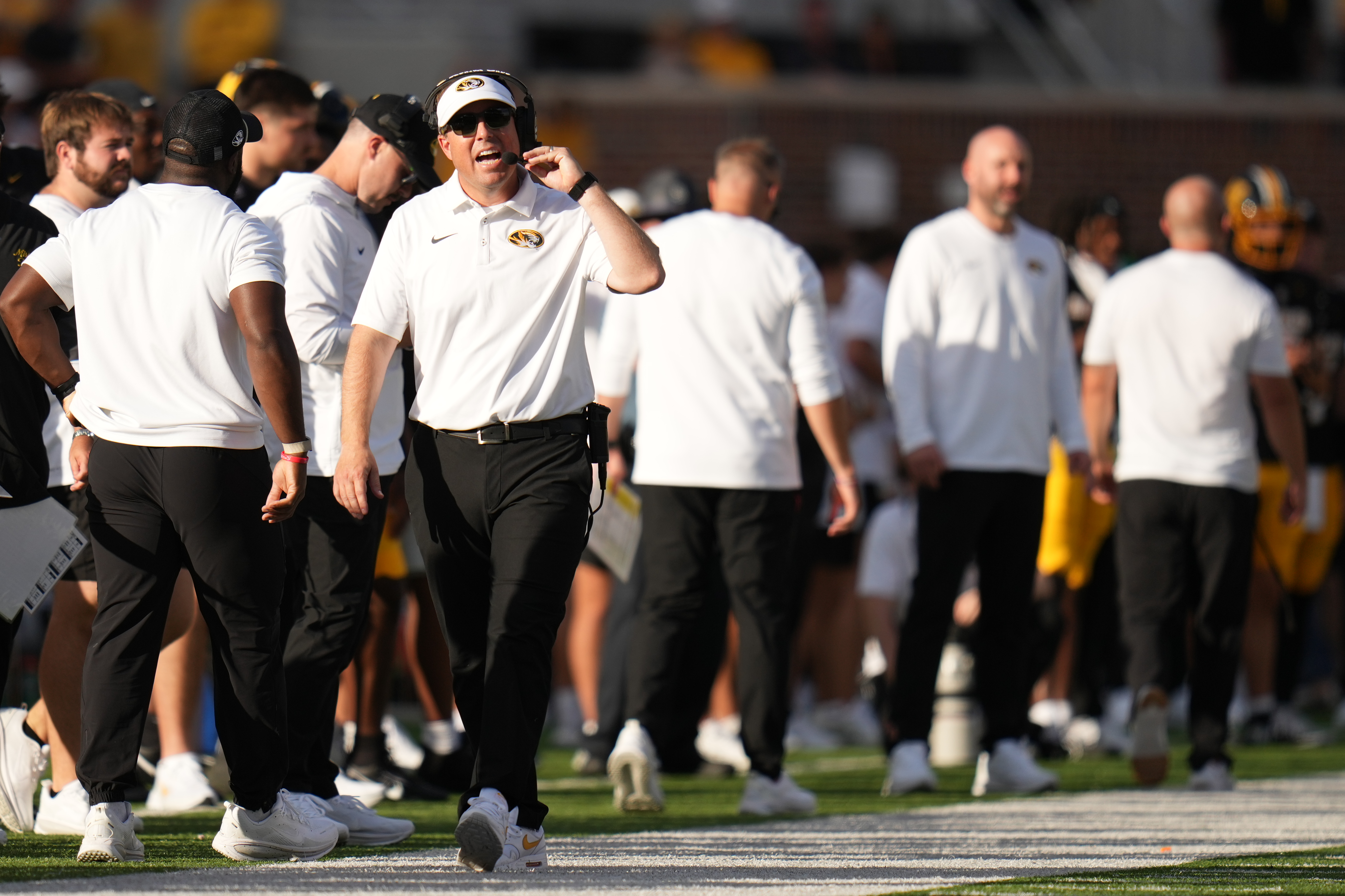 Missouri head coach Eli Drinkwitz watches from the sidelines during the second half of an NCAA college football game against Florida Saturday, Oct. 3, 2026, in Columbia, Mo. 