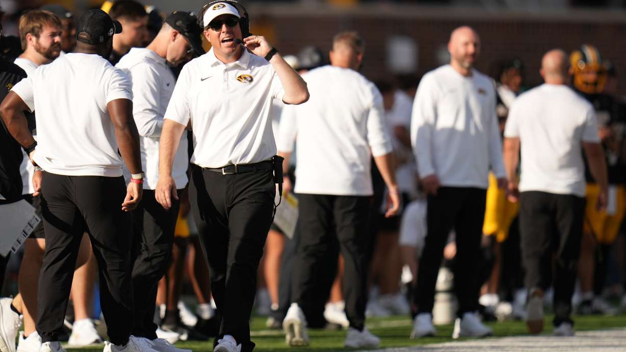 Missouri head coach Eli Drinkwitz watches from the sidelines during the second half of an NCAA college football game against Florida Saturday, Oct. 3, 2026, in Columbia, Mo.
