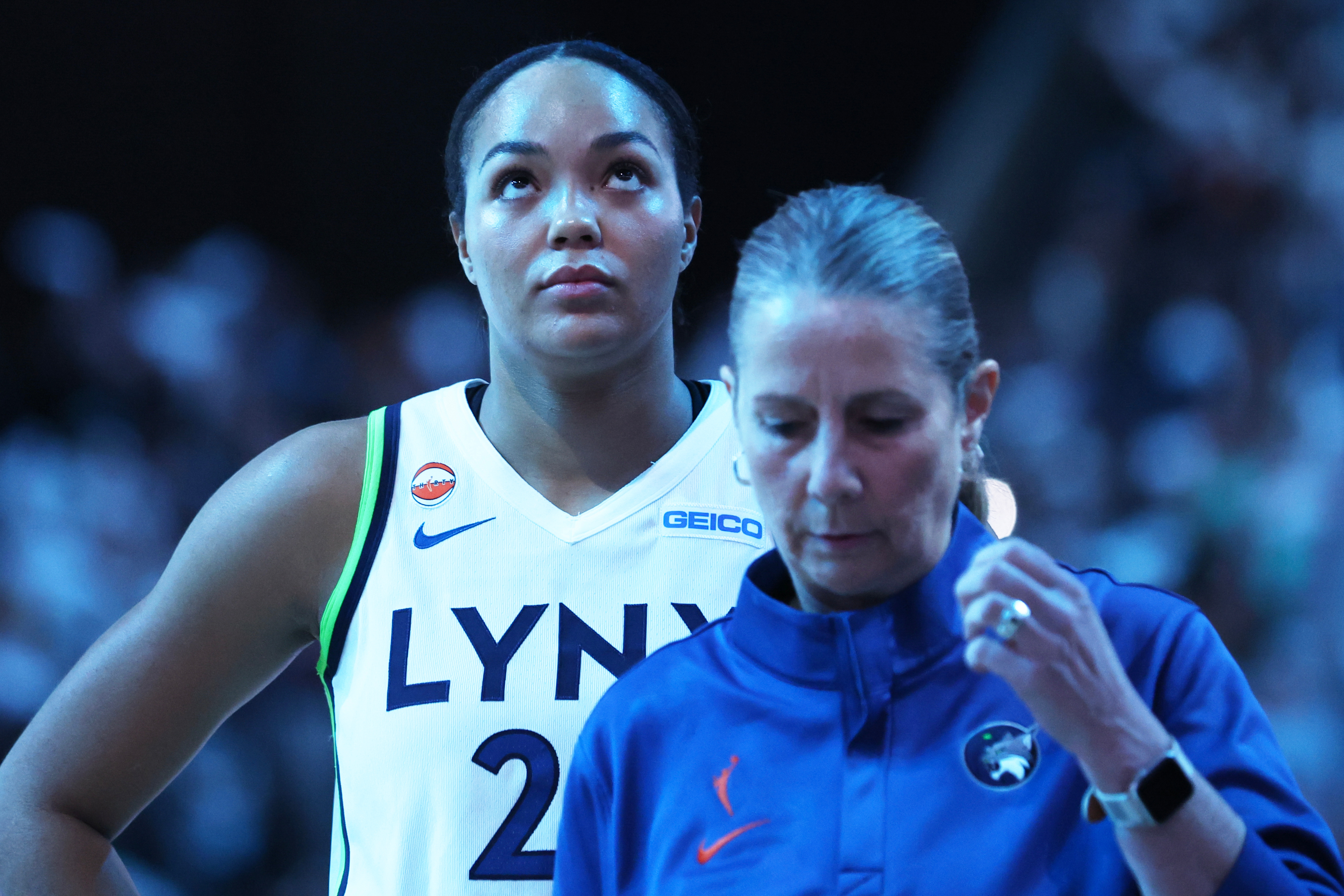 Minnesota Lynx forward Napheesa Collier stands behind Minnesota Lynx head coach Cheryl Reeve before Game 2 of a WNBA basketball first-round playoff series against the New York Liberty, Tuesday, Sept. 29, 2026, in New York. 