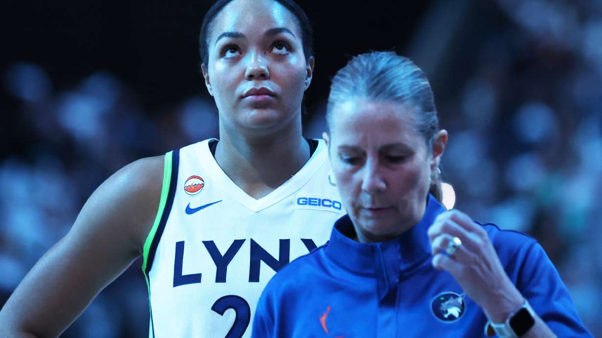 Minnesota Lynx forward Napheesa Collier stands behind Minnesota Lynx head coach Cheryl Reeve before Game 2 of a WNBA basketball first-round playoff series against the New York Liberty, Tuesday, Sept. 29, 2026, in New York.