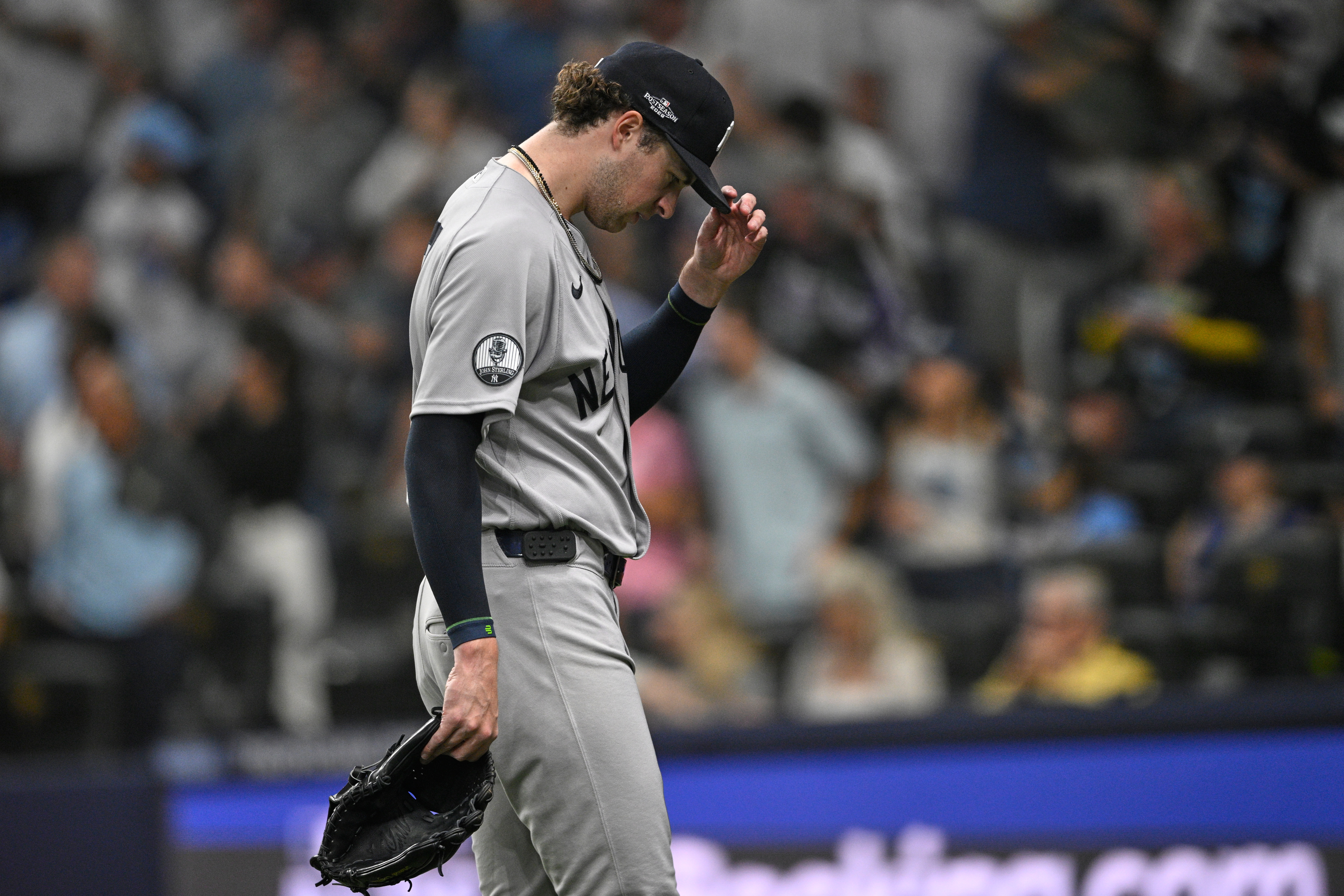New York Yankees starting pitcher Cam Schlittler leaves Game 2 of an American League Division Series baseball game against the Tampa Bay Rays during the fifth inning Monday, Oct. 5, 2026, in St. Petersburg, Fla. 