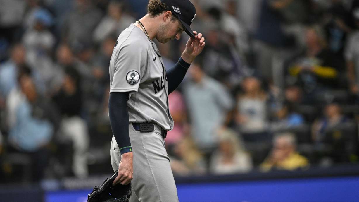 New York Yankees starting pitcher Cam Schlittler leaves Game 2 of an American League Division Series baseball game against the Tampa Bay Rays during the fifth inning Monday, Oct. 5, 2026, in St. Petersburg, Fla.