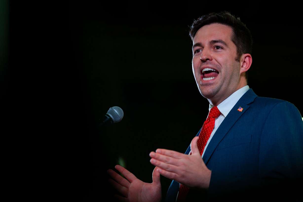 Zac Wilson, running for the 3rd Congressional District, speaks at the Utah Republican Party state nominating convention at the Salt Palace Convention Center in Salt Lake City on April 27, 2024.