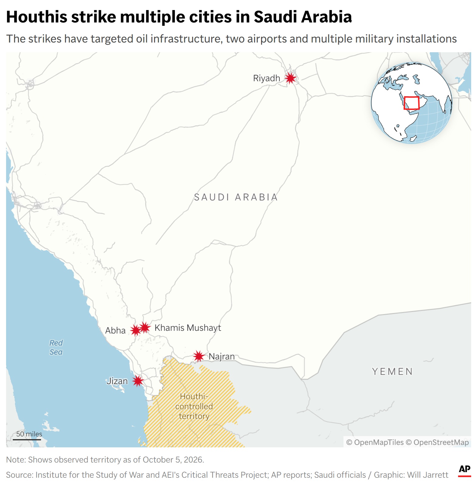 A map showing areas in Saudi Arabia recently struck by the Houthis. Saturday's attack on Riyadh airport killed 12 and wounded 300 more.