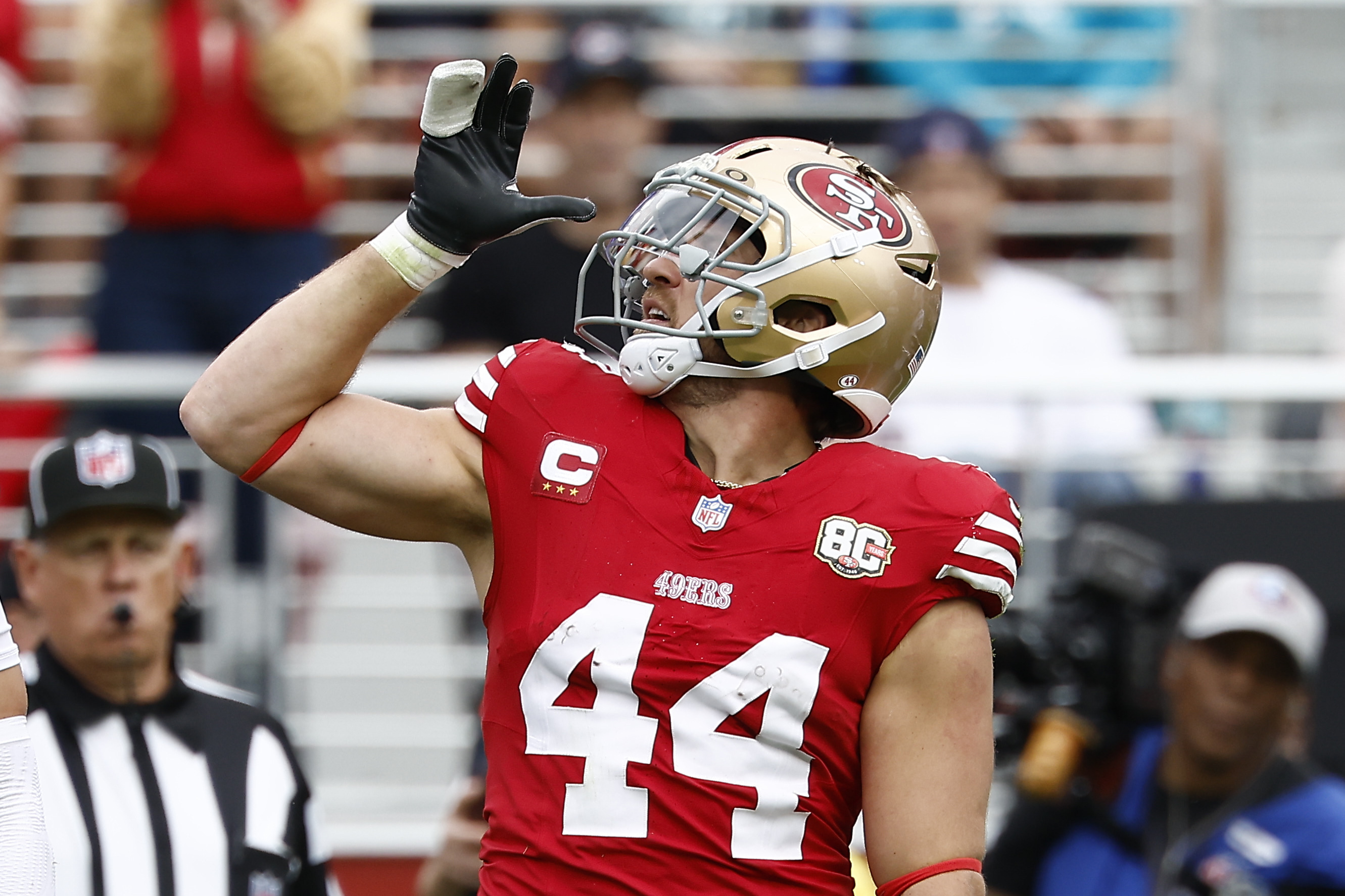 FILE - San Francisco 49ers fullback Kyle Juszczyk gestures after a play against the Miami Dolphins during the second half an NFL football game in Santa Clara, Calif., Sept. 20, 2026. 