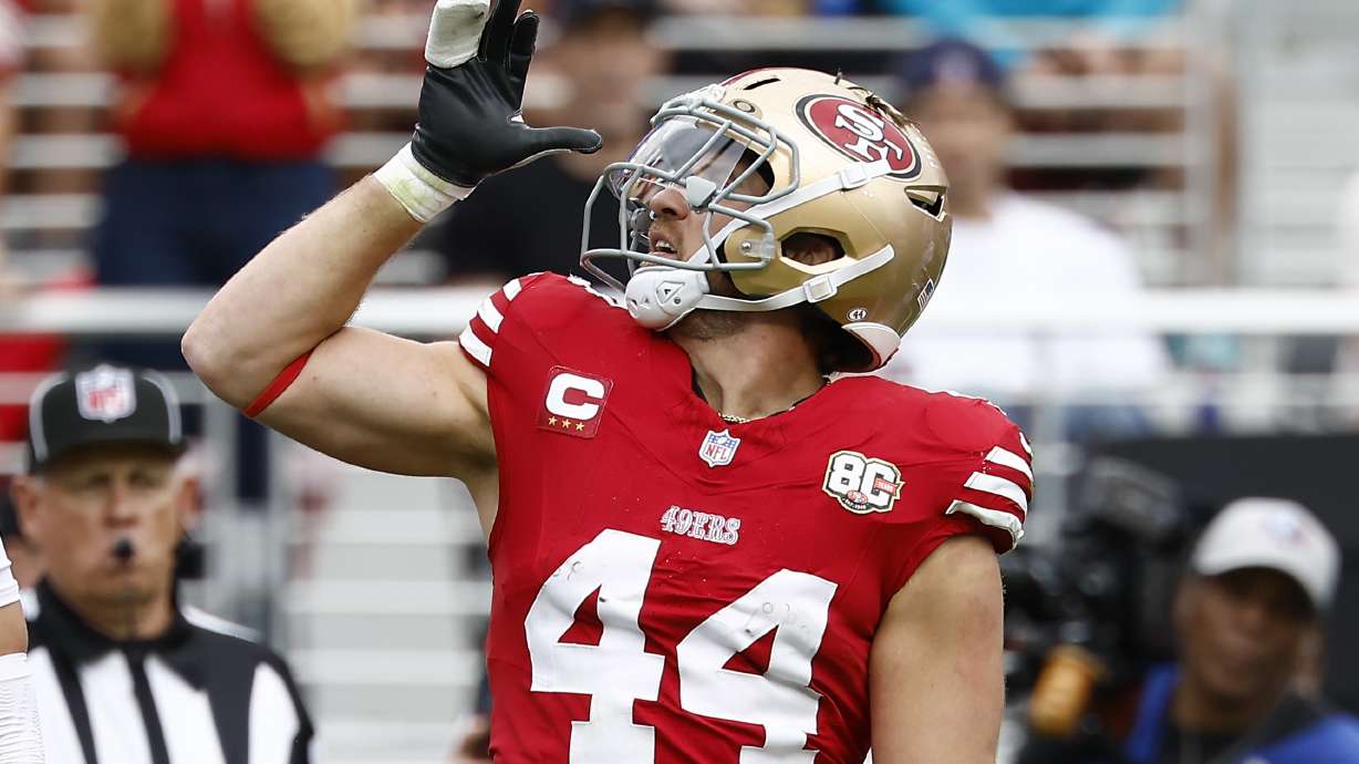 FILE - San Francisco 49ers fullback Kyle Juszczyk gestures after a play against the Miami Dolphins during the second half an NFL football game in Santa Clara, Calif., Sept. 20, 2026.