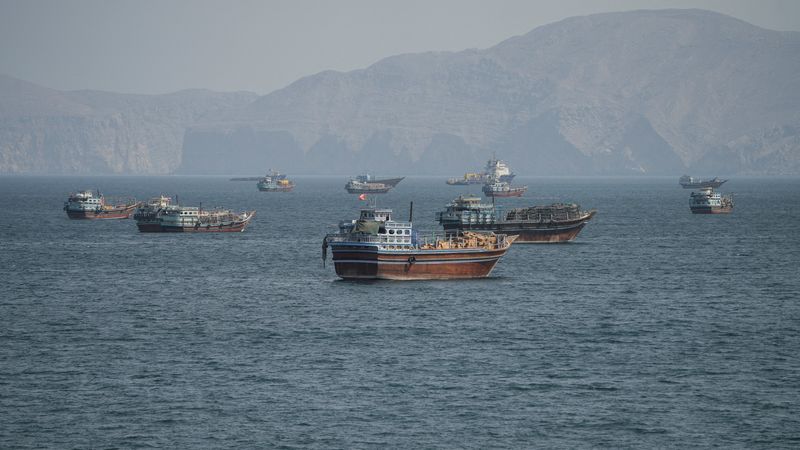 Vessels at the Strait of Hormuz, as seen from Musandam, Oman, on Oct. 2.