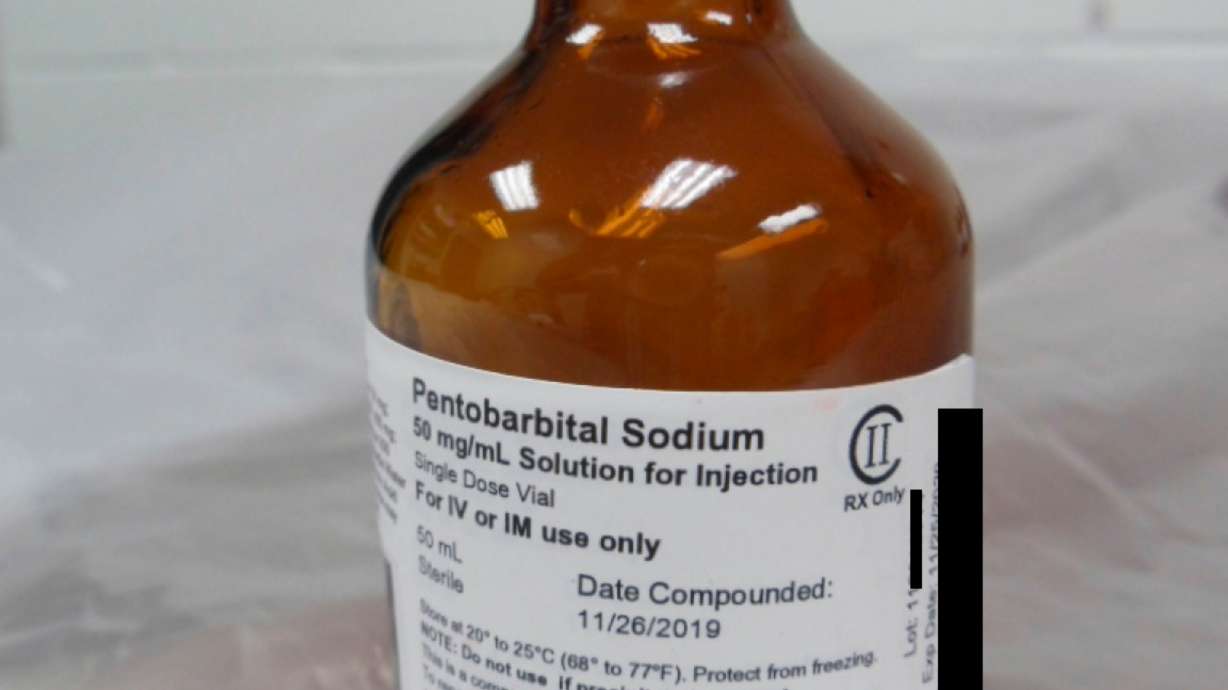 This photo provided by the U.S. Department of Justice shows a vial of pentobarbital used in the executions of two inmates in July 2020, according to court filings. The photo was filed in U.S. District Court in Washington on Aug. 13, 2020, as part of litigation over the use of pentobarbital in executions.