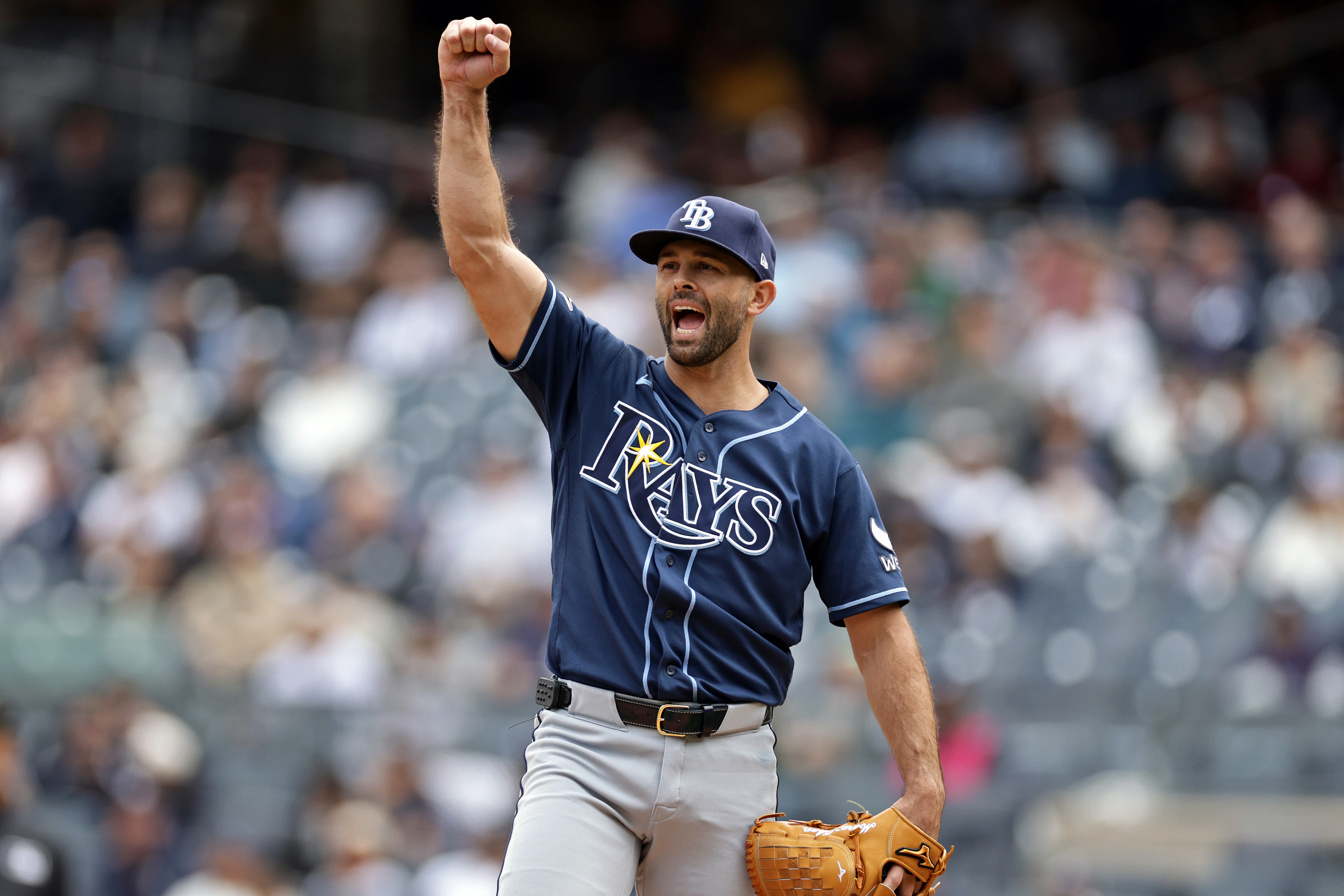 Tampa Bay Rays starting pitcher Nick Martinez reacts in the fifth inning during the first baseball game of a doubleheader against the New York Yankees, Tuesday, Sept. 22, 2026, in New York.