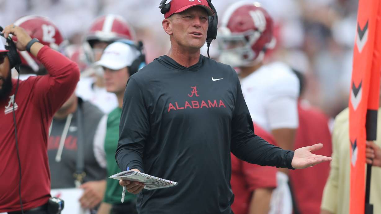 Alabama head coach Kalen DeBoer reacts to a call during the second half of an NCAA college football game in Starkville, Miss., Saturday, Oct. 3, 2026.