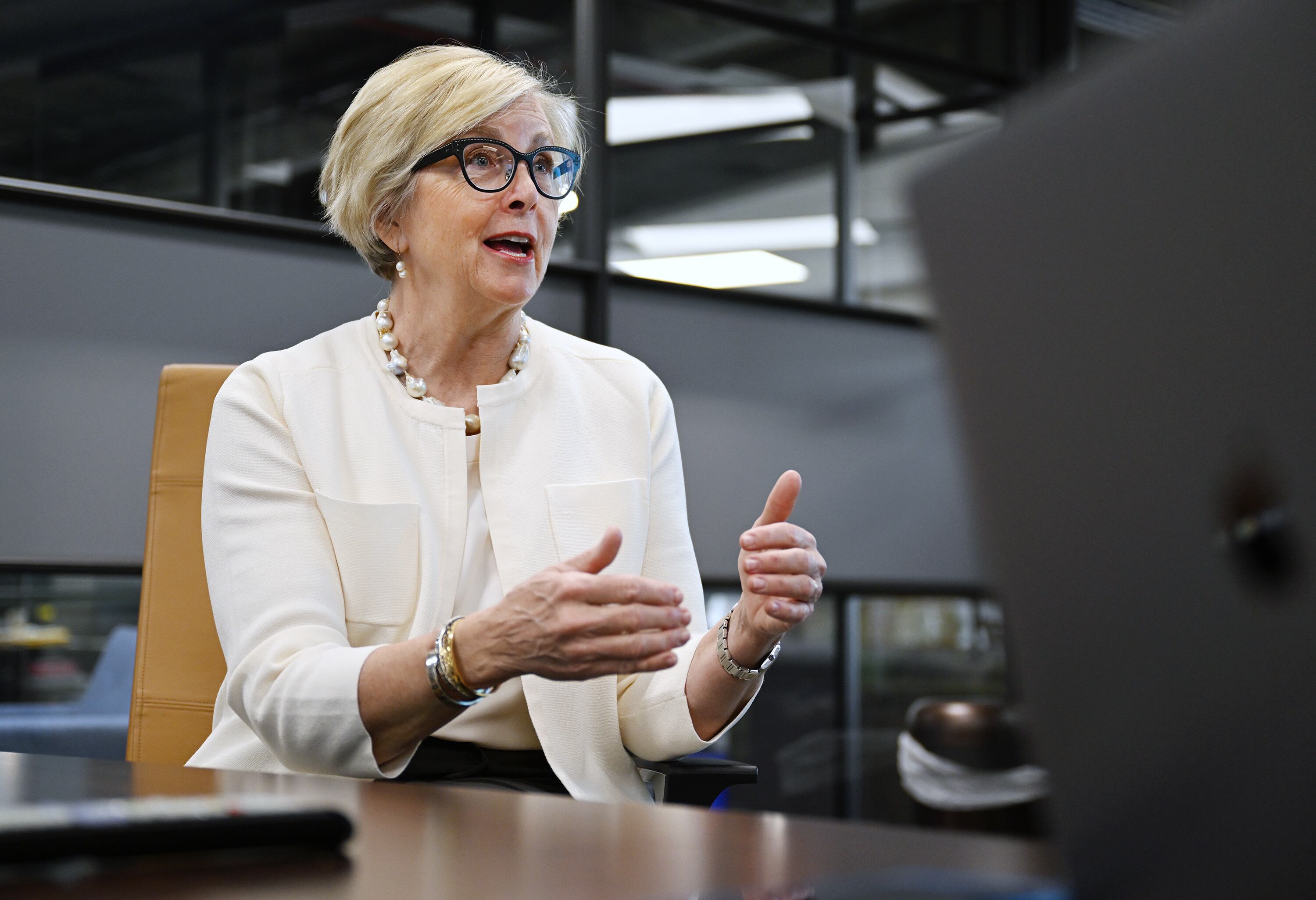 Becky Edwards, a former member of the Utah Legislature, talks during an interview with KSL.com’s Bridger Beal-Cvetko about her new political action committee, the Governing Group, at the Triad Center in Salt Lake City on Dec. 4, 2023. The group will provide financial and other assistance to aspiring female politicians and promote civil discourse and problem-solving.