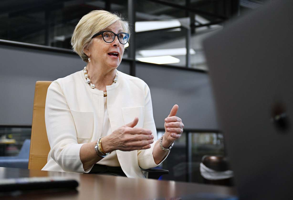 Becky Edwards, a former member of the Utah Legislature, talks during an interview with KSL.com’s Bridger Beal-Cvetko about her new political action committee, the Governing Group, at the Triad Center in Salt Lake City on Dec. 4, 2023. The group will provide financial and other assistance to aspiring female politicians and promote civil discourse and problem-solving.