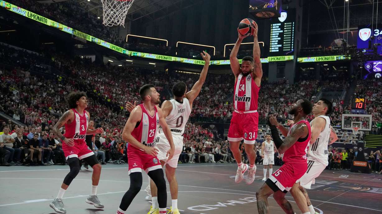 FILE - Olympiacos' Cory Joseph jumps for the ball during the Euroleague final basketball match between Olympiacos and Real Madrid in Athens, Greece, May 24, 2026.