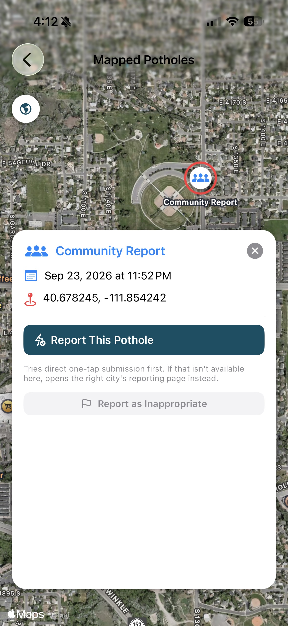 A screenshot of an area where road damage was reported by a user on Pothole AI.