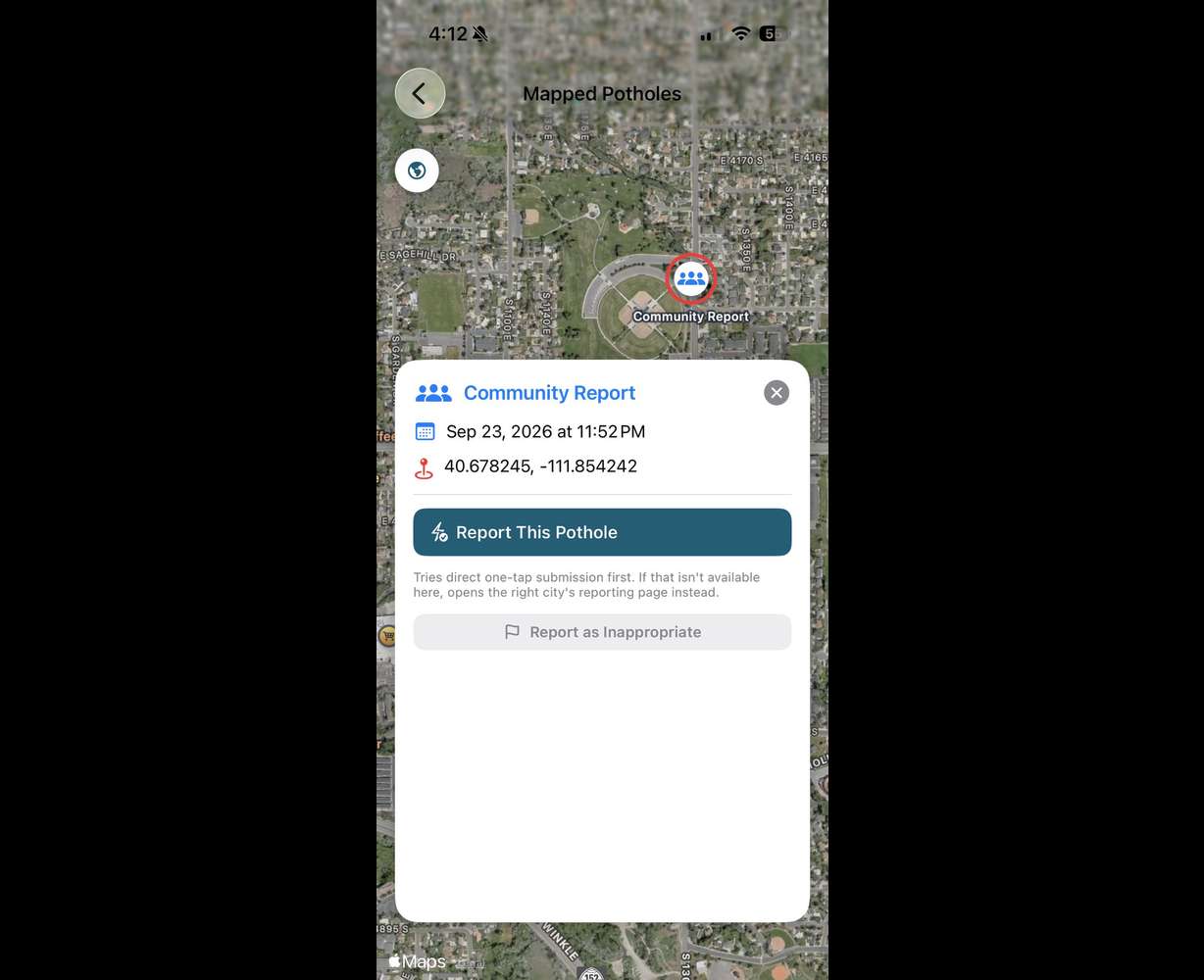 A screenshot of an area where road damage was reported by a user on Pothole AI.