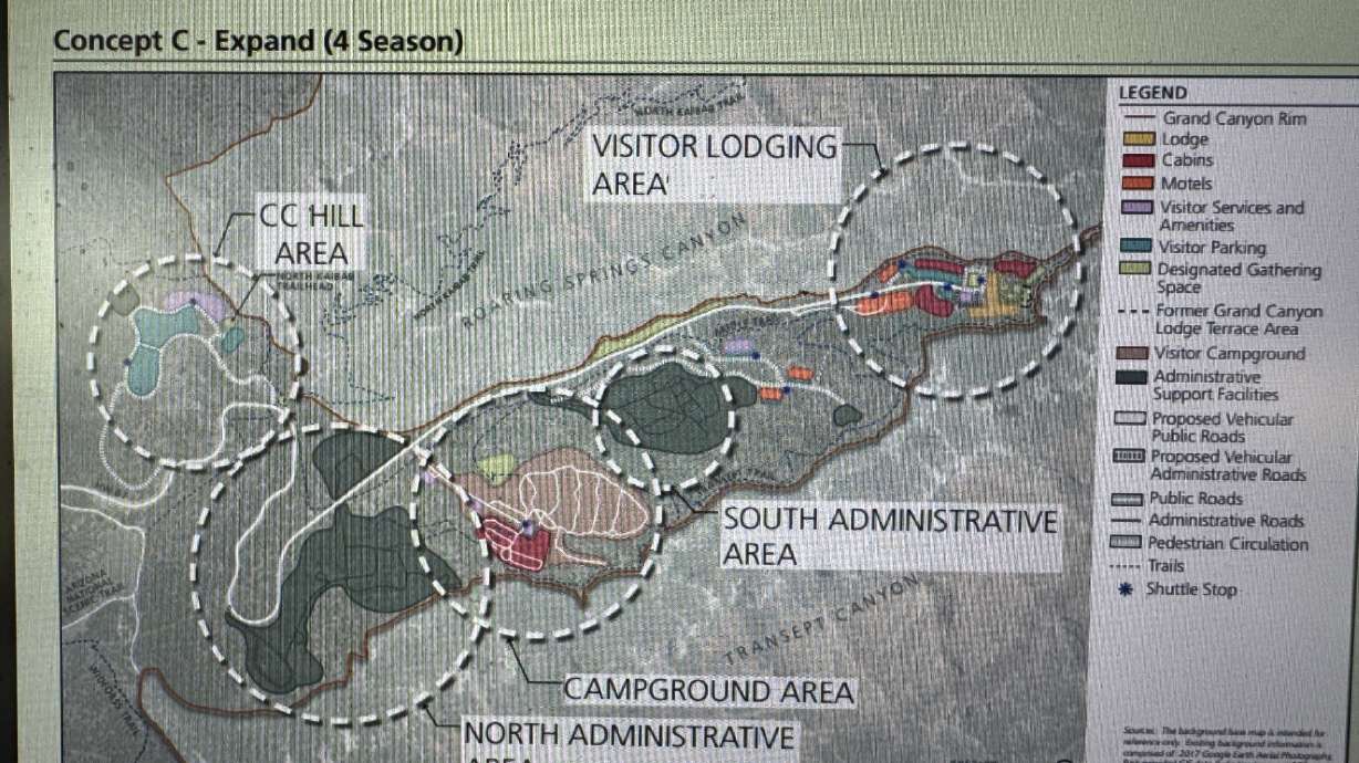 The screen of one proposed redevelopment concept for the North Rim of the Grand Canyon is pictured. The National Park Service announced it was seeking public input on potential plans to redevelop the Grand Canyon National Park's North Rim as businesses continue to navigate challenges.