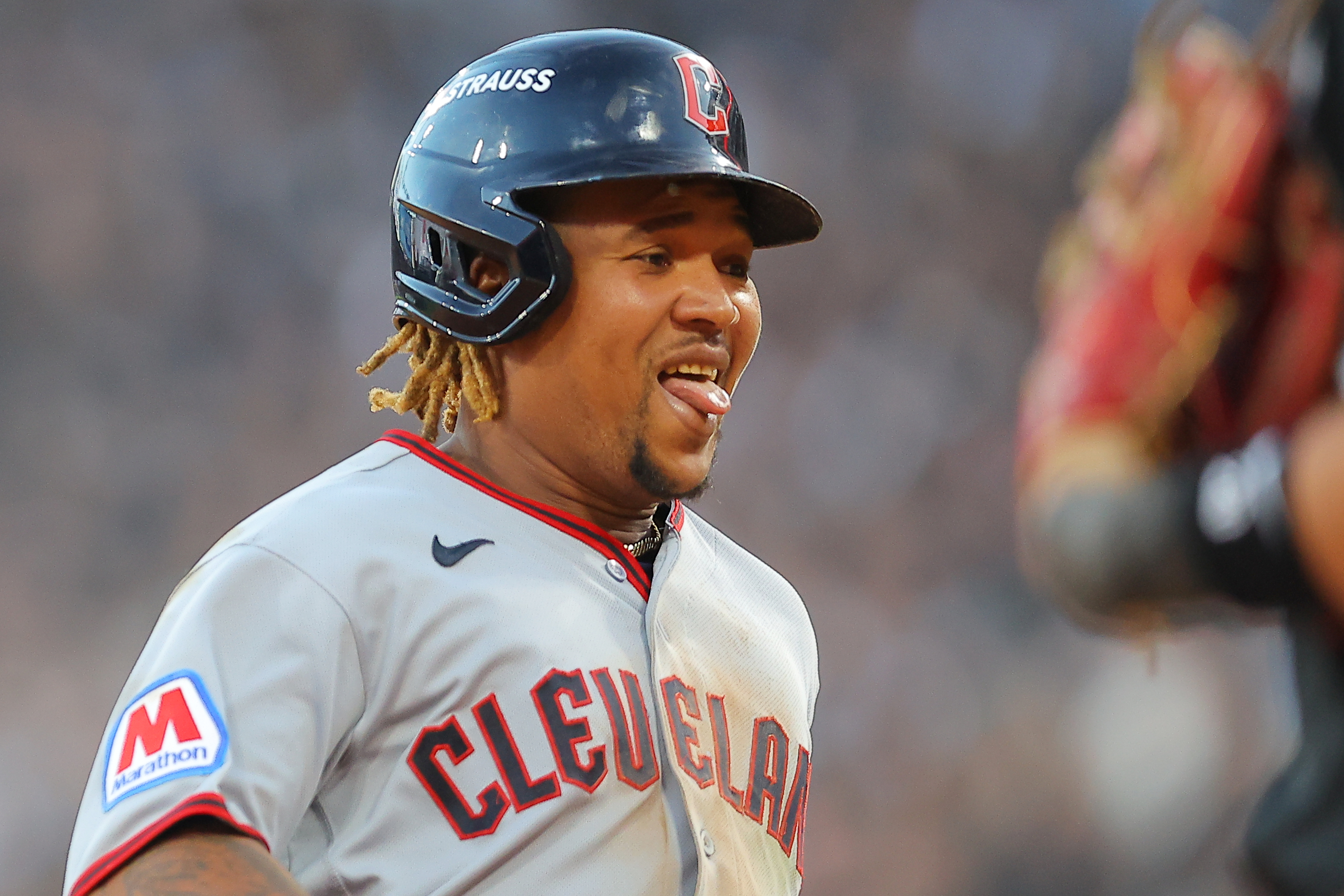Cleveland Guardians' José Ramírez reacts after hitting a two-run triple against Chicago White Sox pitcher David Sandlin during the eighth inning in Game 3 of baseball's American League Division Series Wednesday, Oct. 7, 2026, in Chicago. 