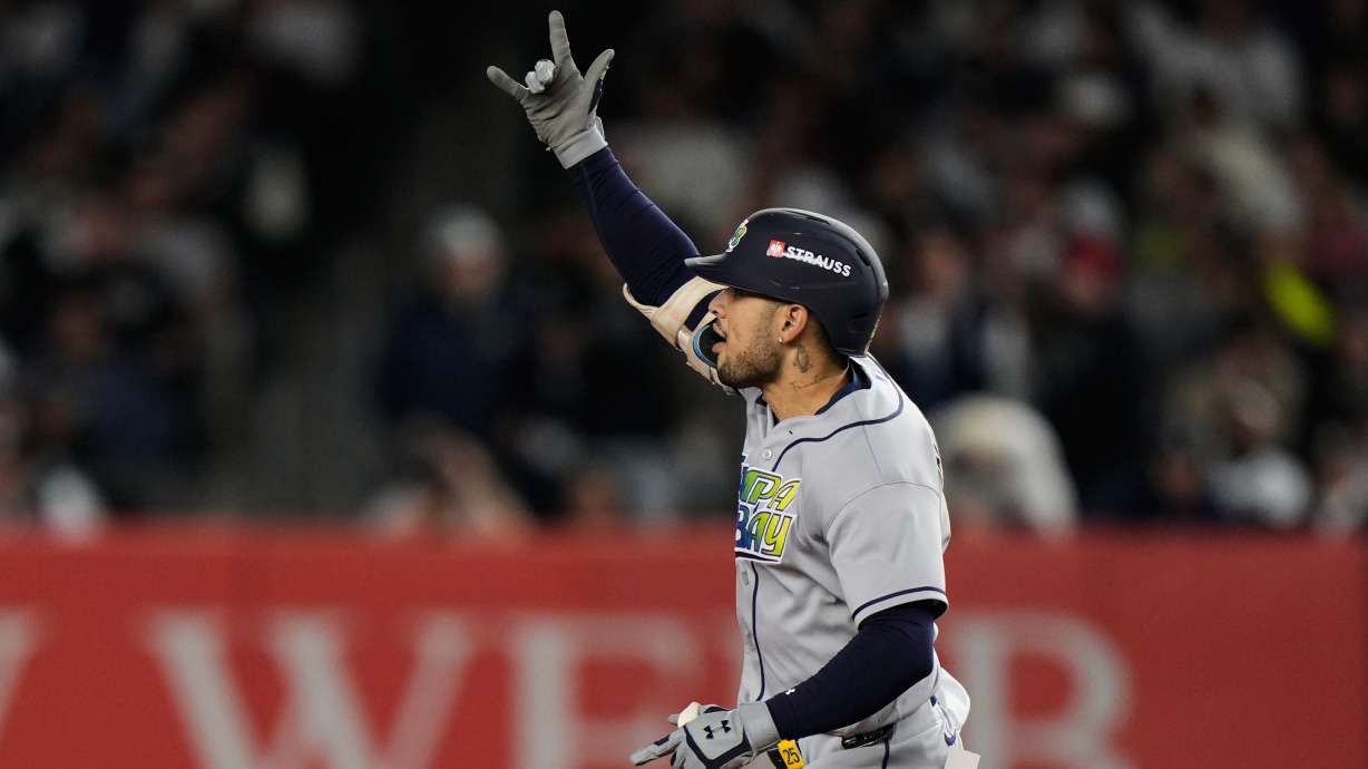 Tampa Bay Rays' Victor Mesa Jr. celebrates his two-run home run during the sixth inning in Game 3 of baseball's American League Division Series against the New York Yankees, Wednesday, Oct. 7, 2026, in New York.