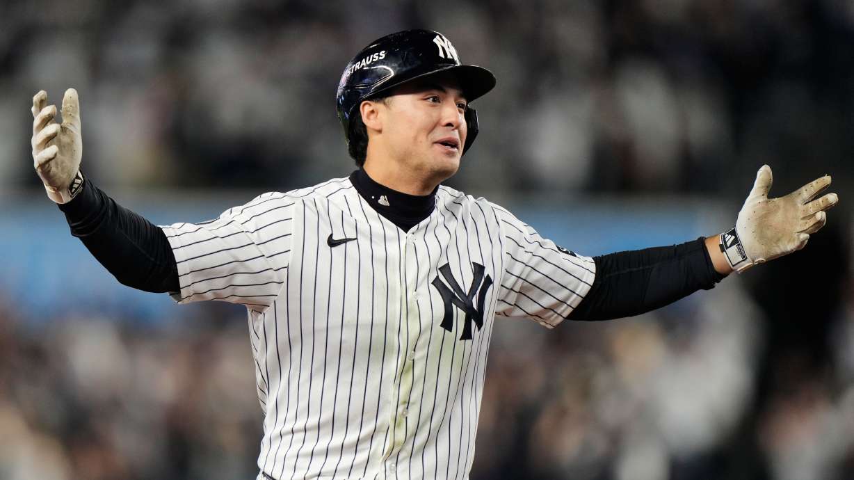 New York Yankees' Anthony Volpe celebrates his run-scoring double during the sixth inning in Game 3 of baseball's American League Division Series against the Tampa Bay Rays, Wednesday, Oct. 7, 2026, in New York.