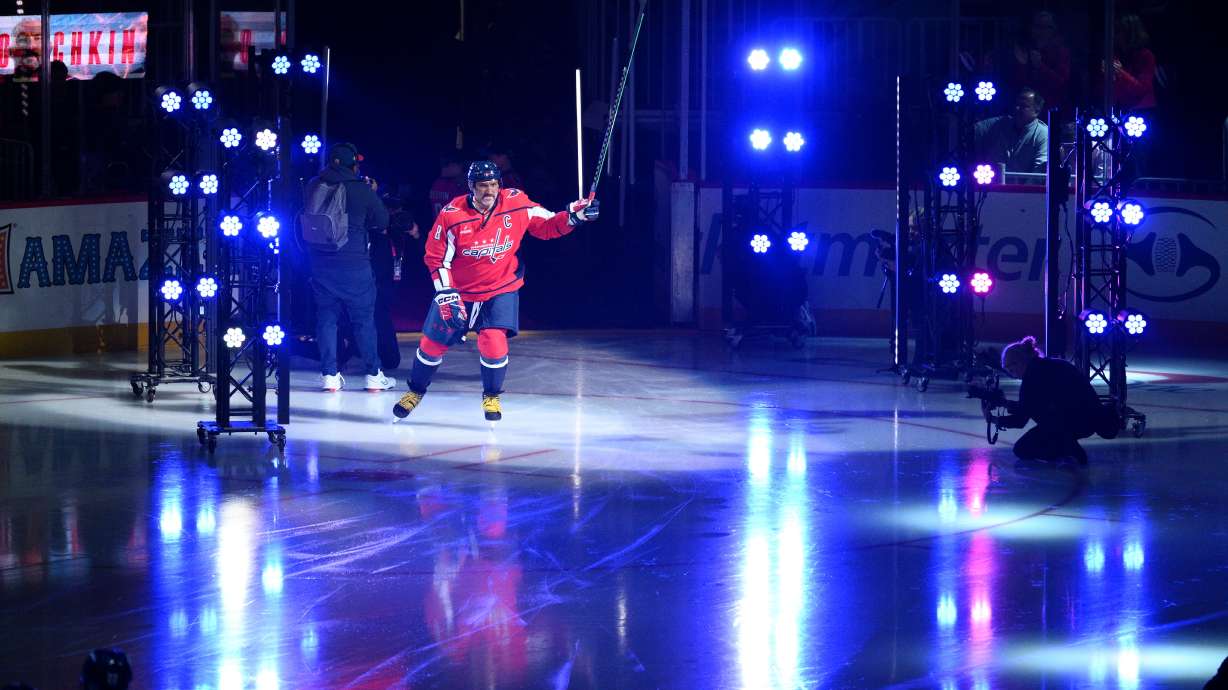 Washington Capitals left wing Alex Ovechkin (8) takes to the ice during player introductions before an NHL hockey game against the Pittsburgh Penguins, Wednesday, Oct. 7, 2026, in Washington.