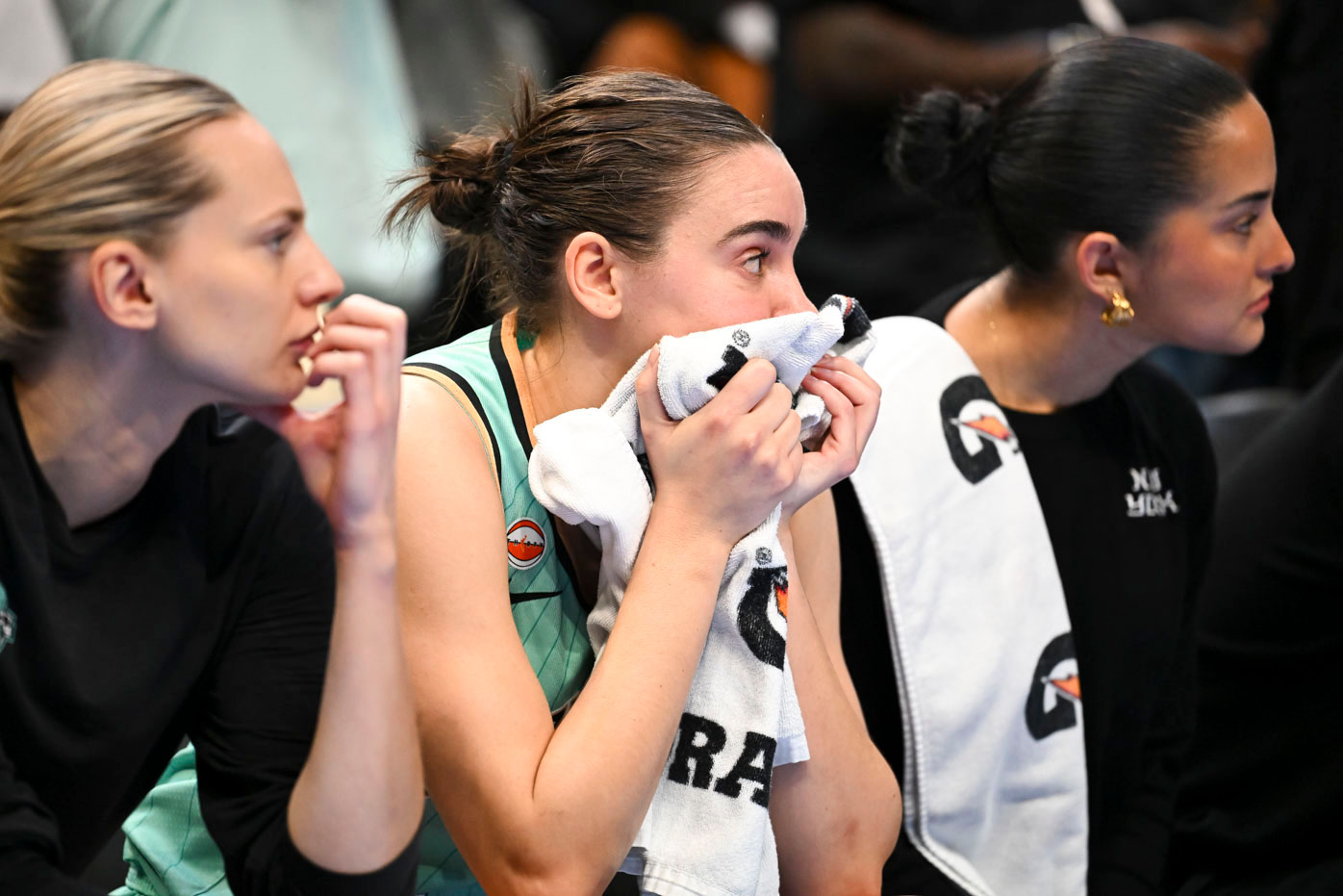 New York Liberty guard Pauline Astier (18) watches during the second half in Game 2 of the WNBA basketball semifinals against Atlanta Dream, Wednesday, Oct. 7, 2026, in Atlanta. 