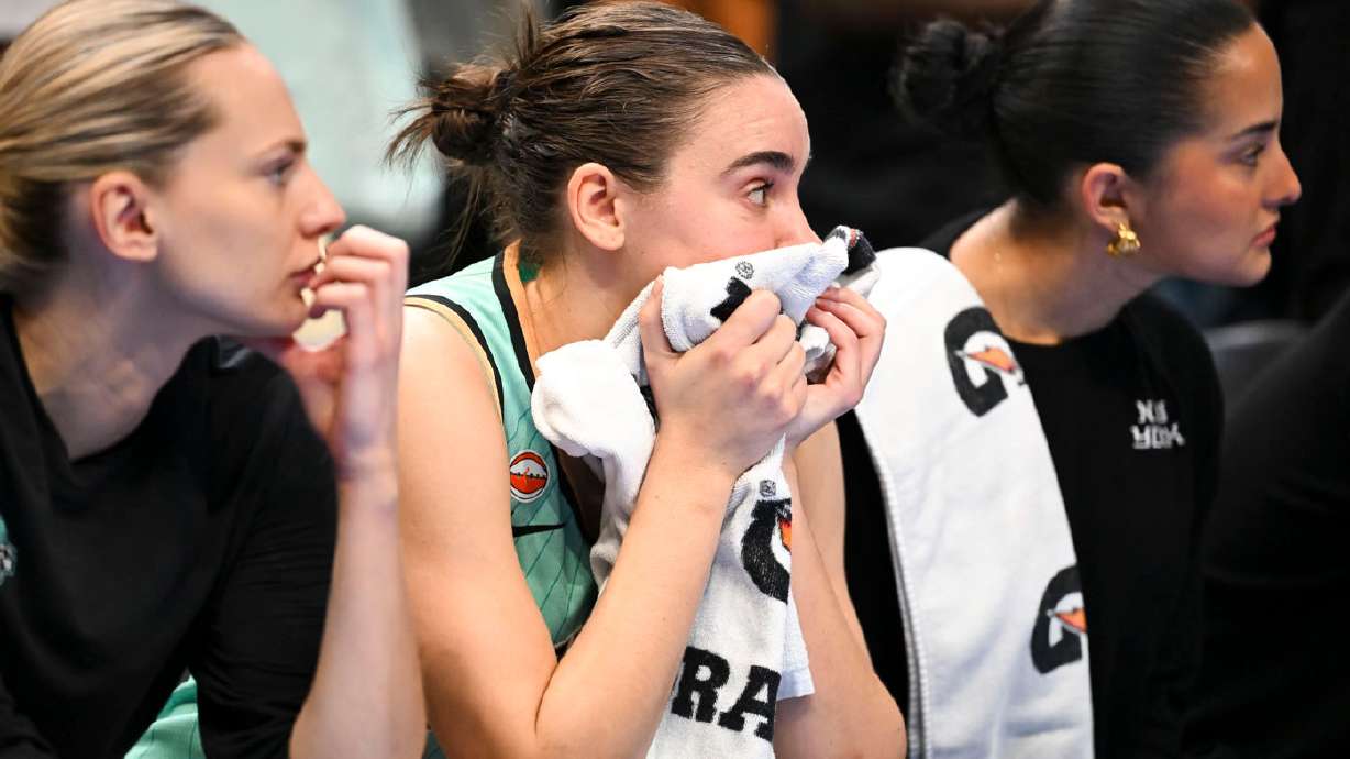 New York Liberty guard Pauline Astier (18) watches during the second half in Game 2 of the WNBA basketball semifinals against Atlanta Dream, Wednesday, Oct. 7, 2026, in Atlanta.