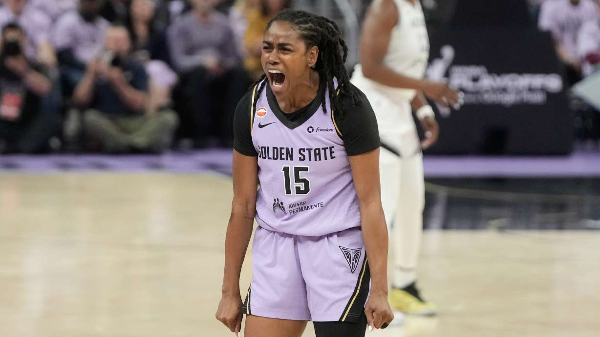 Golden State Valkyries guard Tiffany Hayes (15) celebrates during the second half of Game 2 of the WNBA basketball semifinals against the Las Vegas Aces, Wednesday, Oct. 7, 2026, in San Francisco.