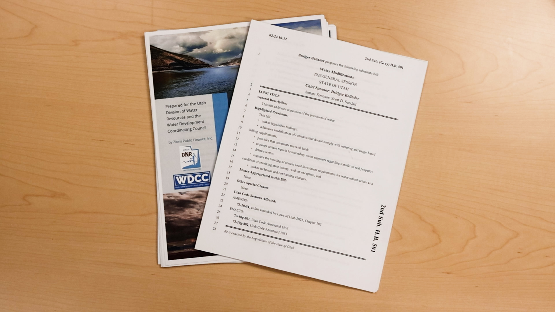 Copies of HB 501 and the Utah HB 280 Water Infrastructure Projects Fee Study.