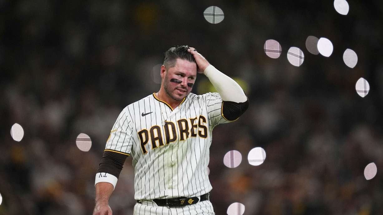 San Diego Padres' Ty France reacts after he was forced out by Milwaukee Brewers second baseman Brice Turang during the sixth inning in Game 4 of baseball's National League Division Series Wednesday, Oct. 7, 2026, in San Diego.