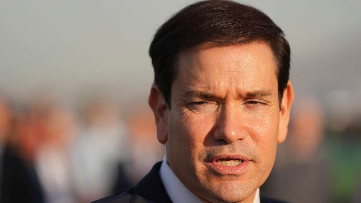 Secretary of State Marco Rubio speaks to the press before boarding a plane at Eleftherios Venizelos International Airport near Athens, Greece, Thursday. Rubio said pressure on NATO allies to increase defense spending is "not hostile."