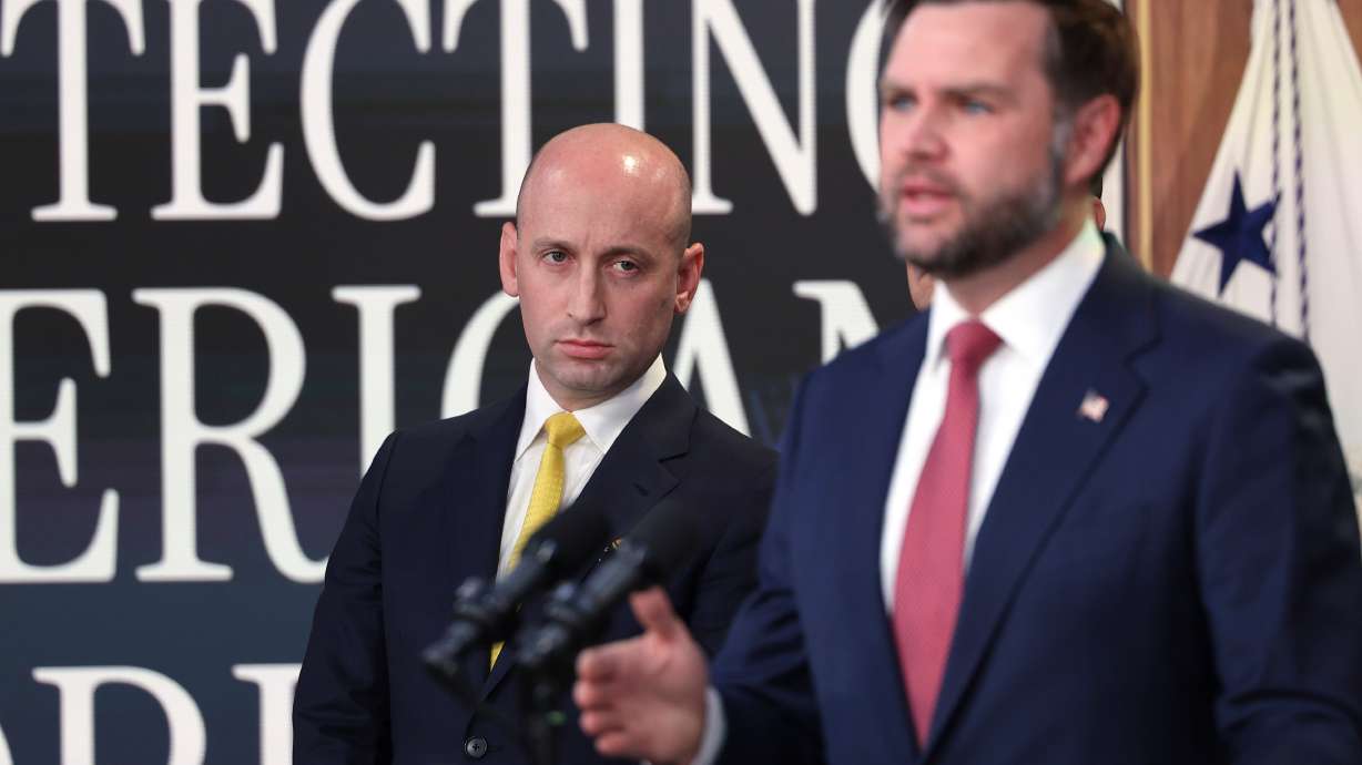 Stephen Miller, White House deputy chief of staff, listens as Vice President JD Vance speaks during a news conference on the Fraud Task Force inside the Eisenhower Executive Office Building on the White House campus Thursday in Washington.