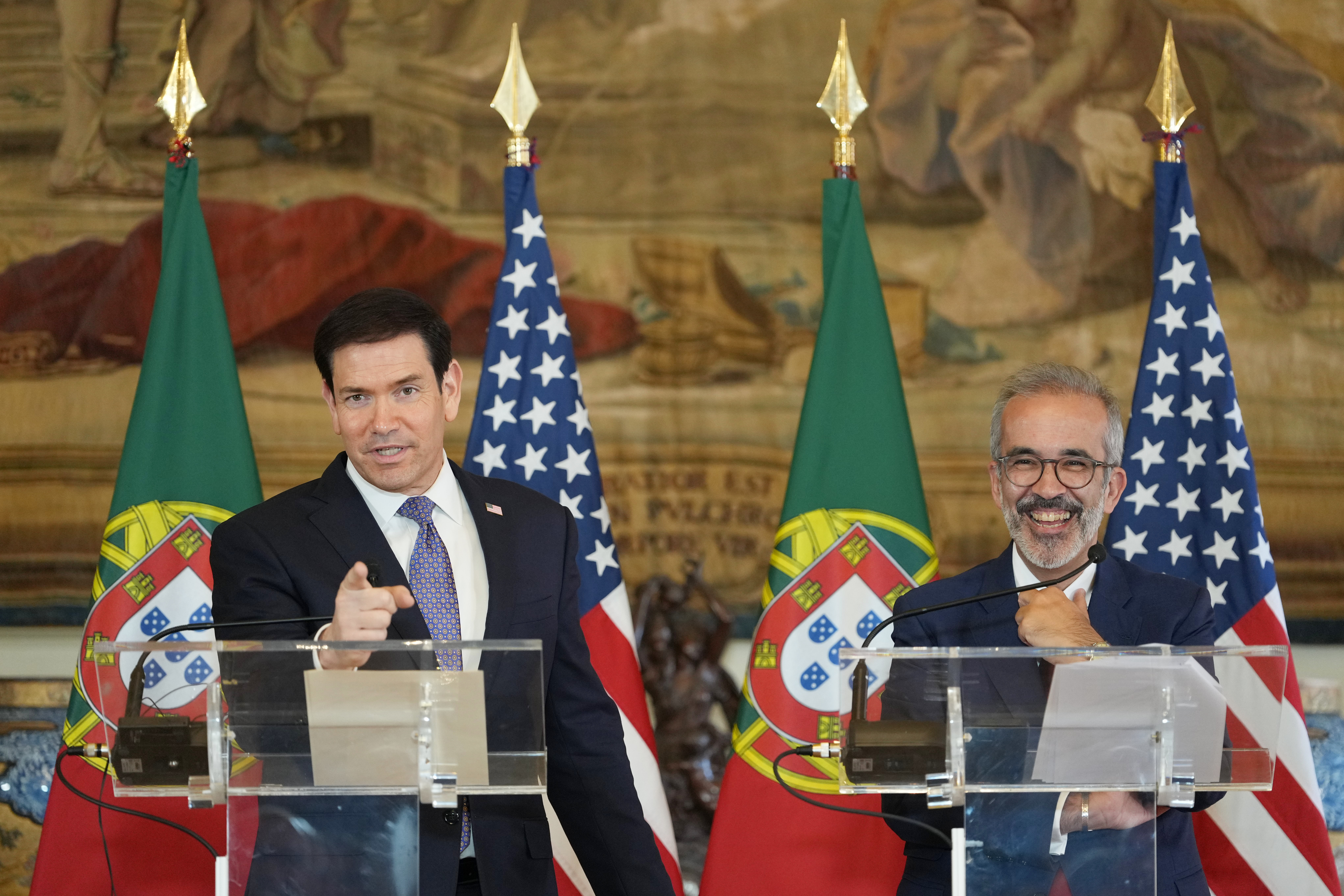 Secretary of State Marco Rubio speaks during a joint press conference with Portugal's Foreign Minister Paulo Rangel, Thursday, at the Necessidades Palace, the Portuguese foreign ministry, in Lisbon. Rubio spoke about the need for NATO to be a greater deterrent.