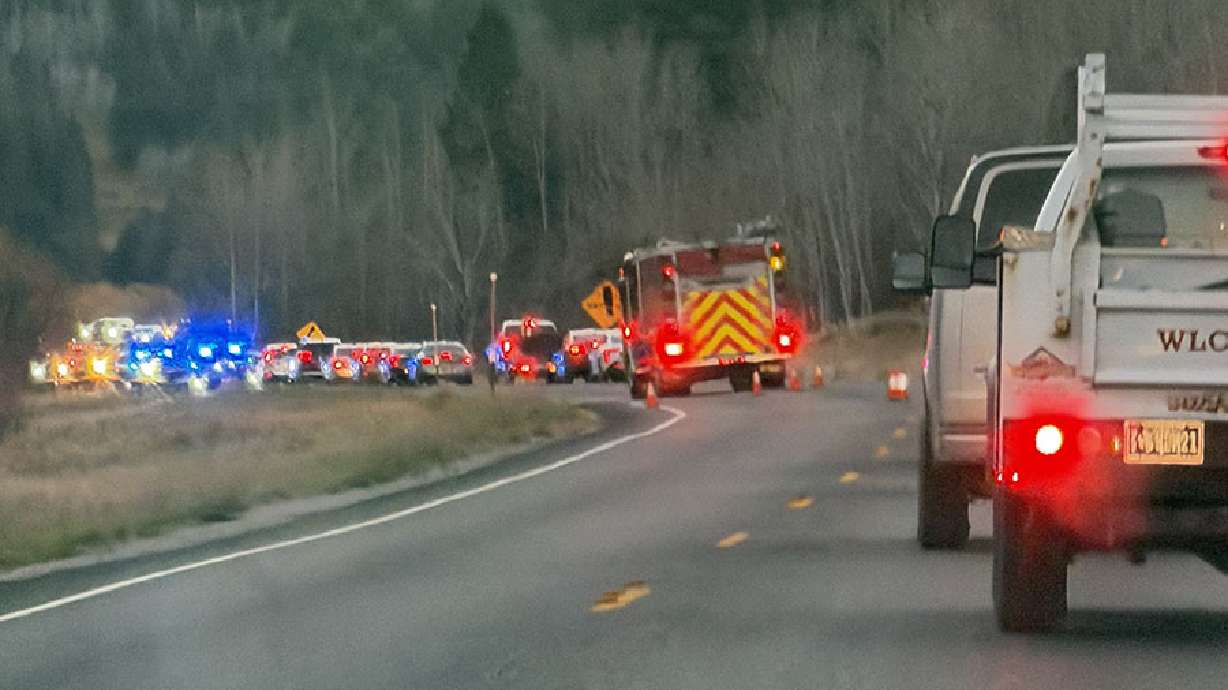 First responders at the scene where a Wyoming motorcyclist hit a bear near Swan Valley, Idaho, on Wednesday. The motorcyclist was taken to the hospital.