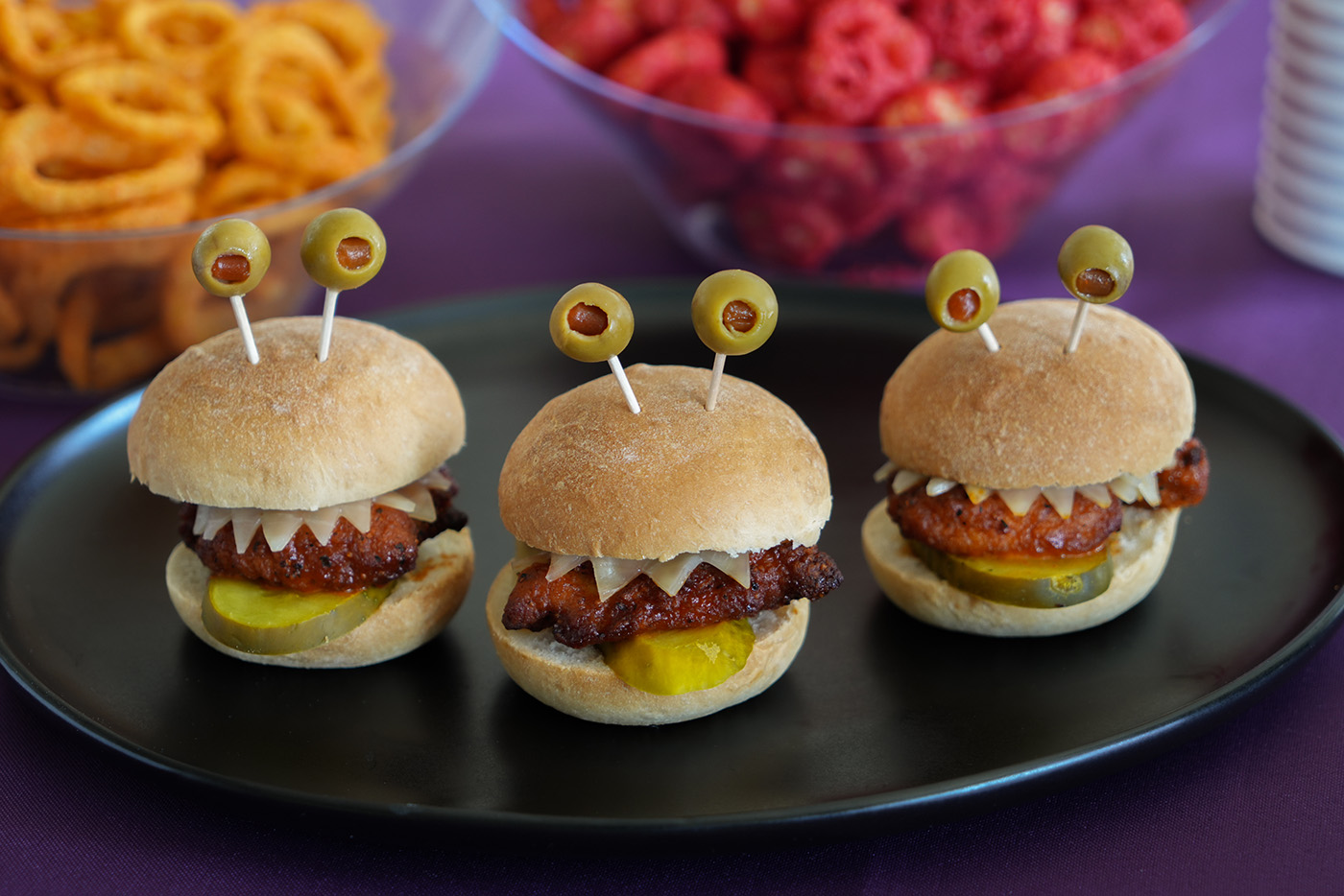 These Hot Chicken Monster Sliders are spicy, cheesy, crunchy and seriously cute! 