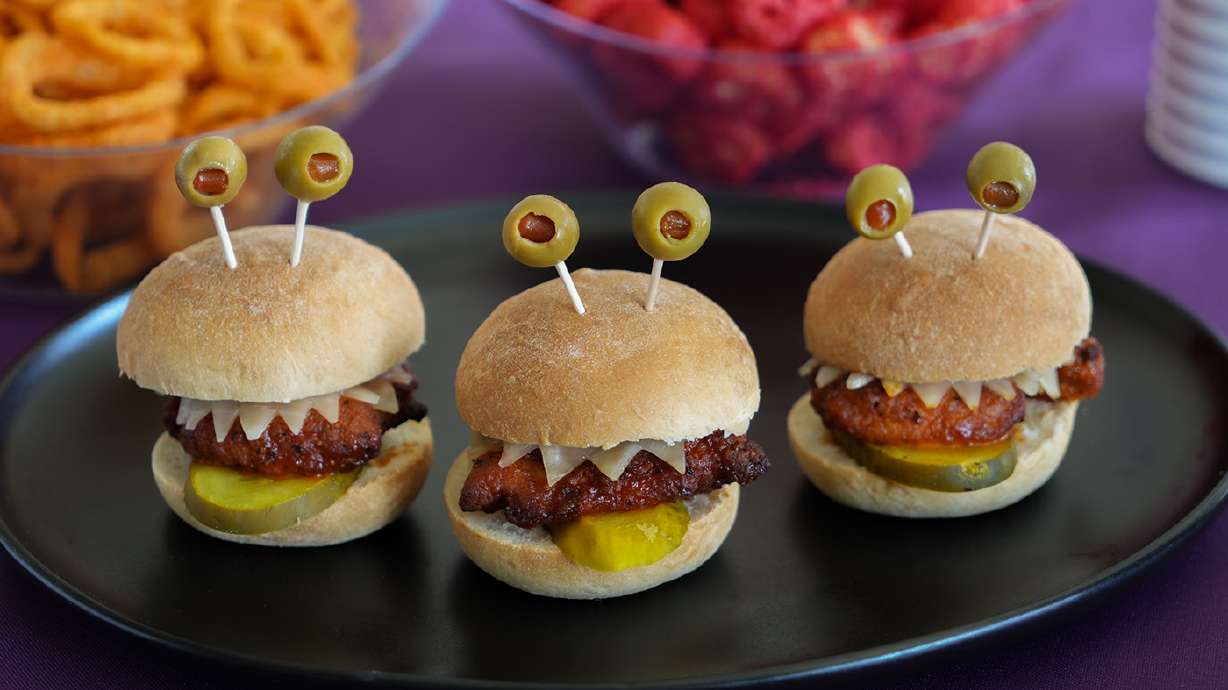These Hot Chicken Monster Sliders are spicy, cheesy, crunchy and seriously cute!