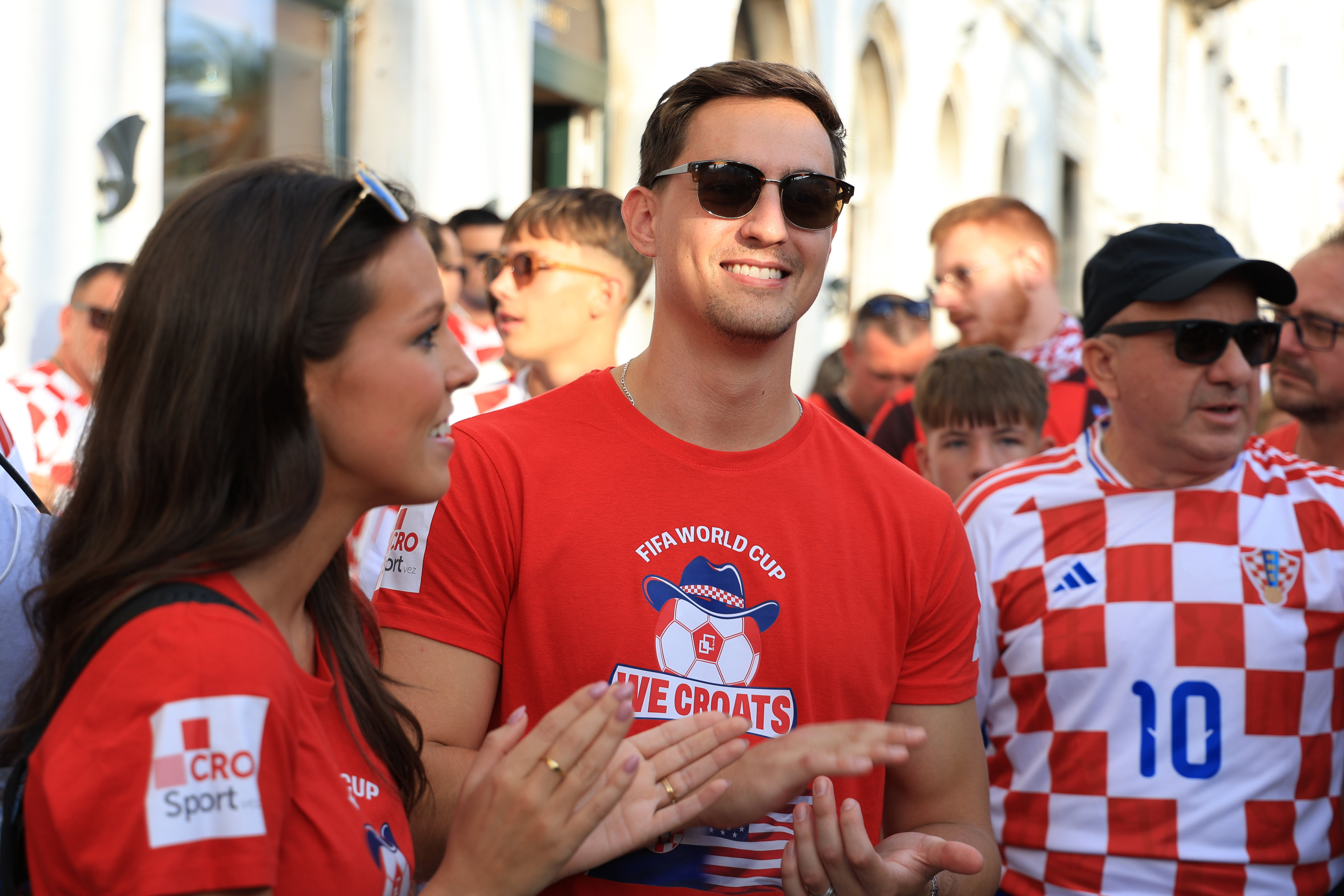 Ashton and Zachary Smith gather with Croatian supporters prior to the Nations League soccer match between Croatia and Spain, in Split, Croatia, Tuesday, Oct. 6, 2026. 