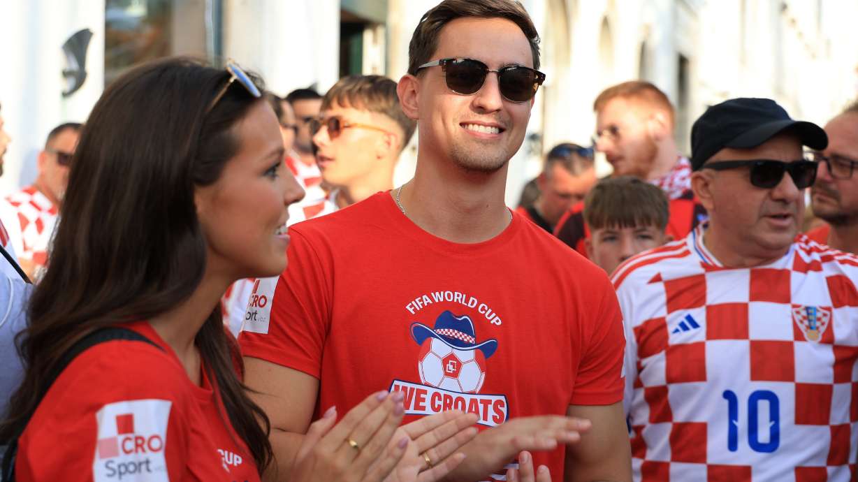 Ashton and Zachary Smith gather with Croatian supporters prior to the Nations League soccer match between Croatia and Spain, in Split, Croatia, Tuesday, Oct. 6, 2026.