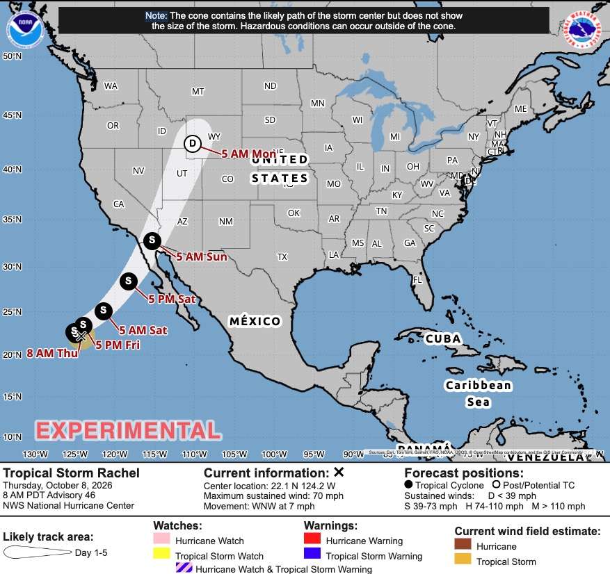 The projected path of Tropical Storm Rachel, as of Thursday. The remnants of the former hurricane is expected to be a tropical depression or post-tropical depression by the time it reaches Utah.
