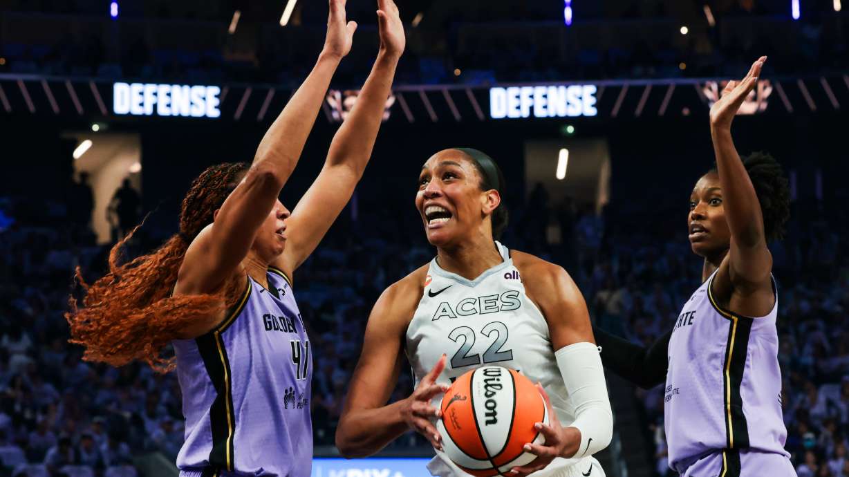 The Golden State Valkyries center Kiah Stokes (41) and guard Kaila Charles (6) block Las Vegas Aces center A'ja Wilson (22) during Game 2 of the WNBA Semifinals in San Francisco, Wednesday, Oct. 7, 2026.