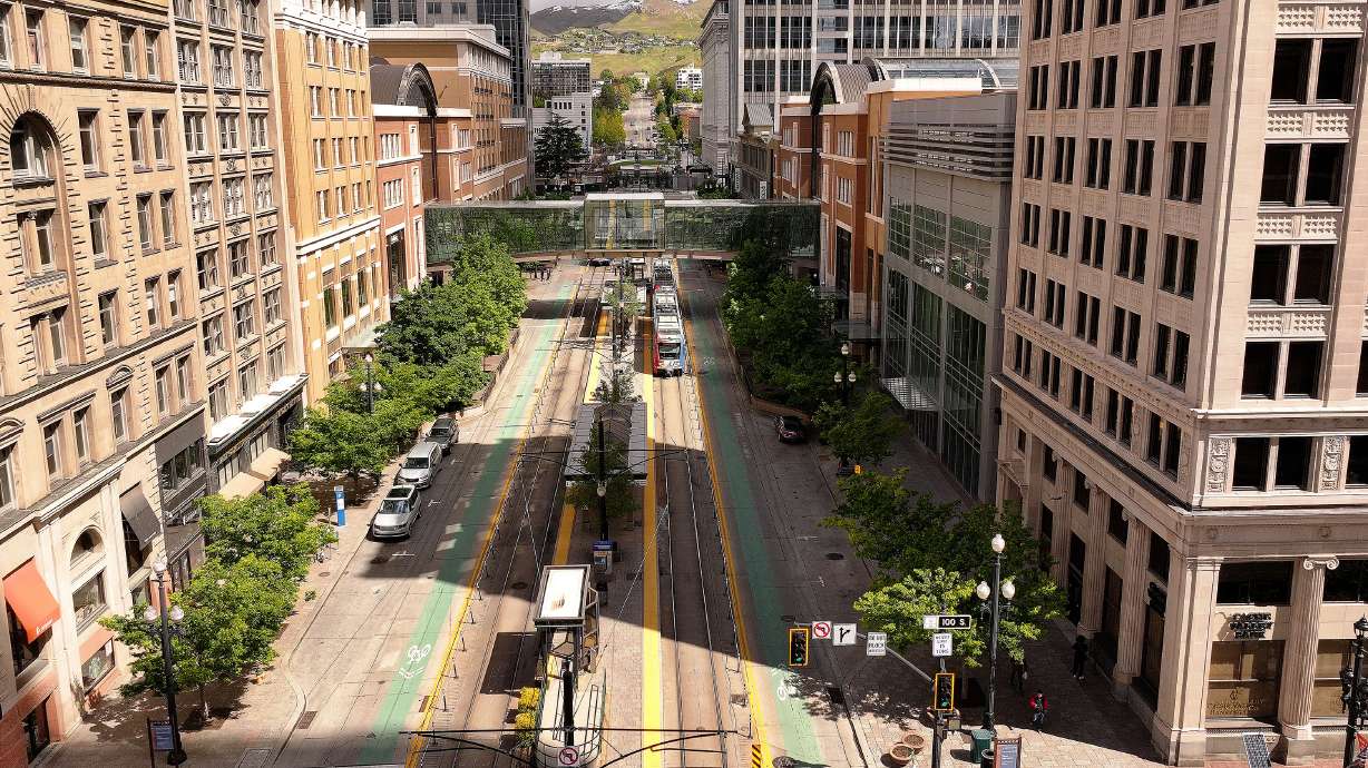 Main Street between the City Creek Mall in Salt Lake City on May 8, 2024. Jazz owner Ryan Smith and city and county leaders want to redevelop to create a new shopping, residential and entertainment district that will connect City Creek Mall with the Delta Center.