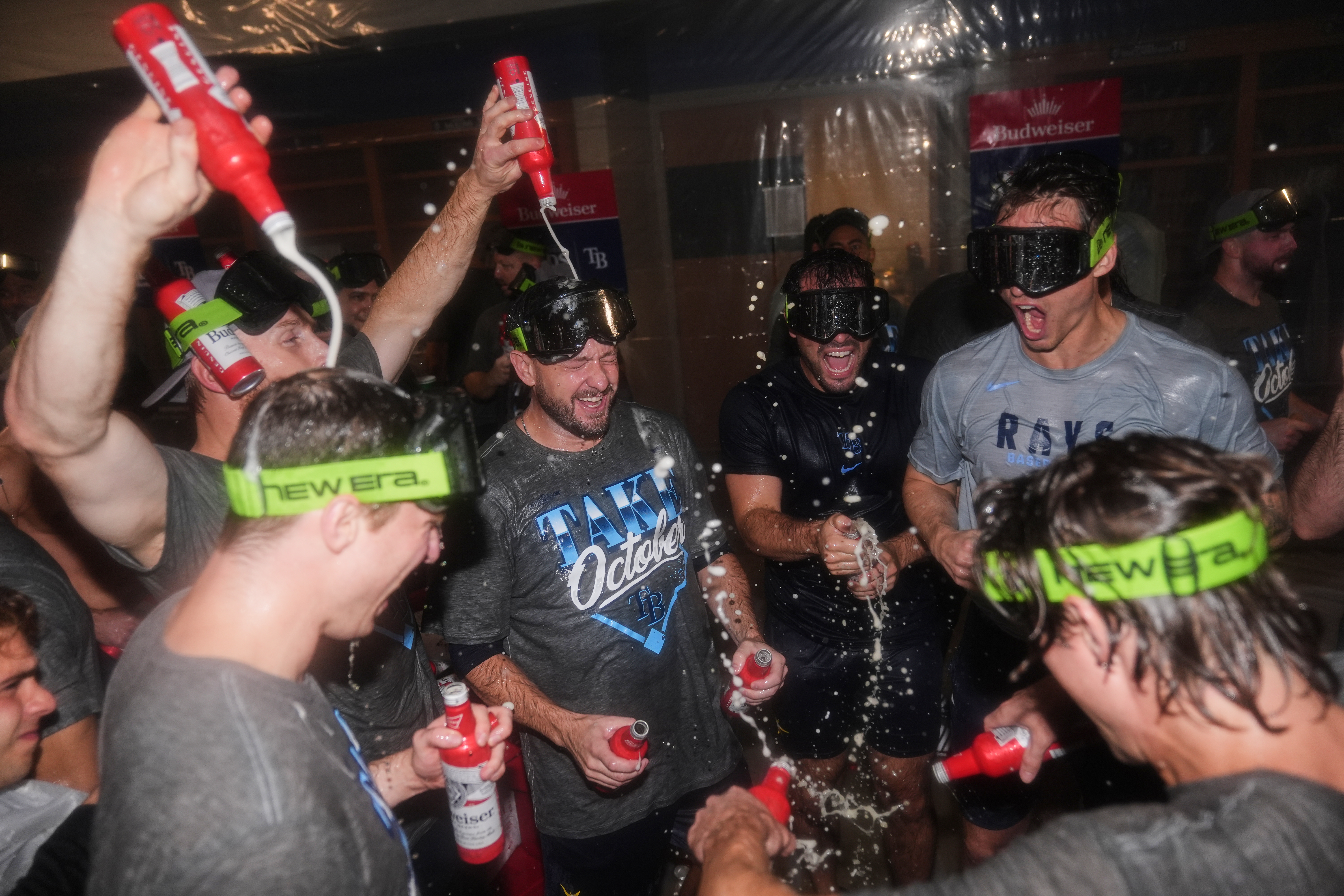 The Tampa Bay Rays celebrate the team's win in Game 3 of baseball's American League Division Series against the New York Yankees, Wednesday, Oct. 7, 2026, in New York. 