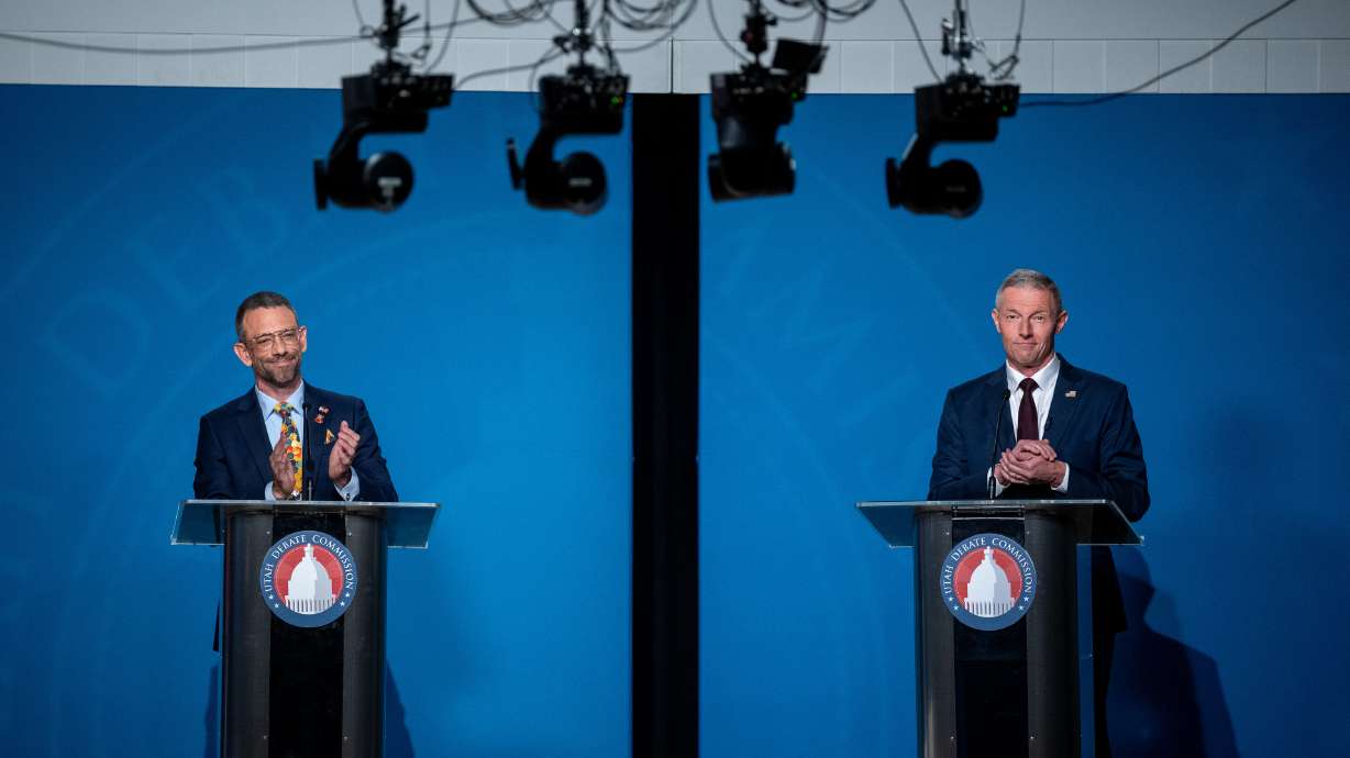 Candidates for Utah’s 4th Congressional District Democrat Jonny Larsen, left, and Republican Mike Kennedy participate in a debate at Snow College in Ephraim on Thursday.