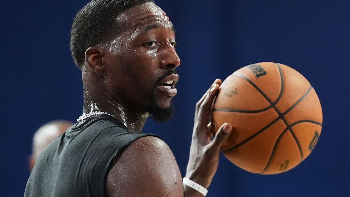 Miami Heat center Bam Adebayo does drills during NBA basketball training camp, Tuesday, Sept. 29, 2026, in Boca Raton, Fla.