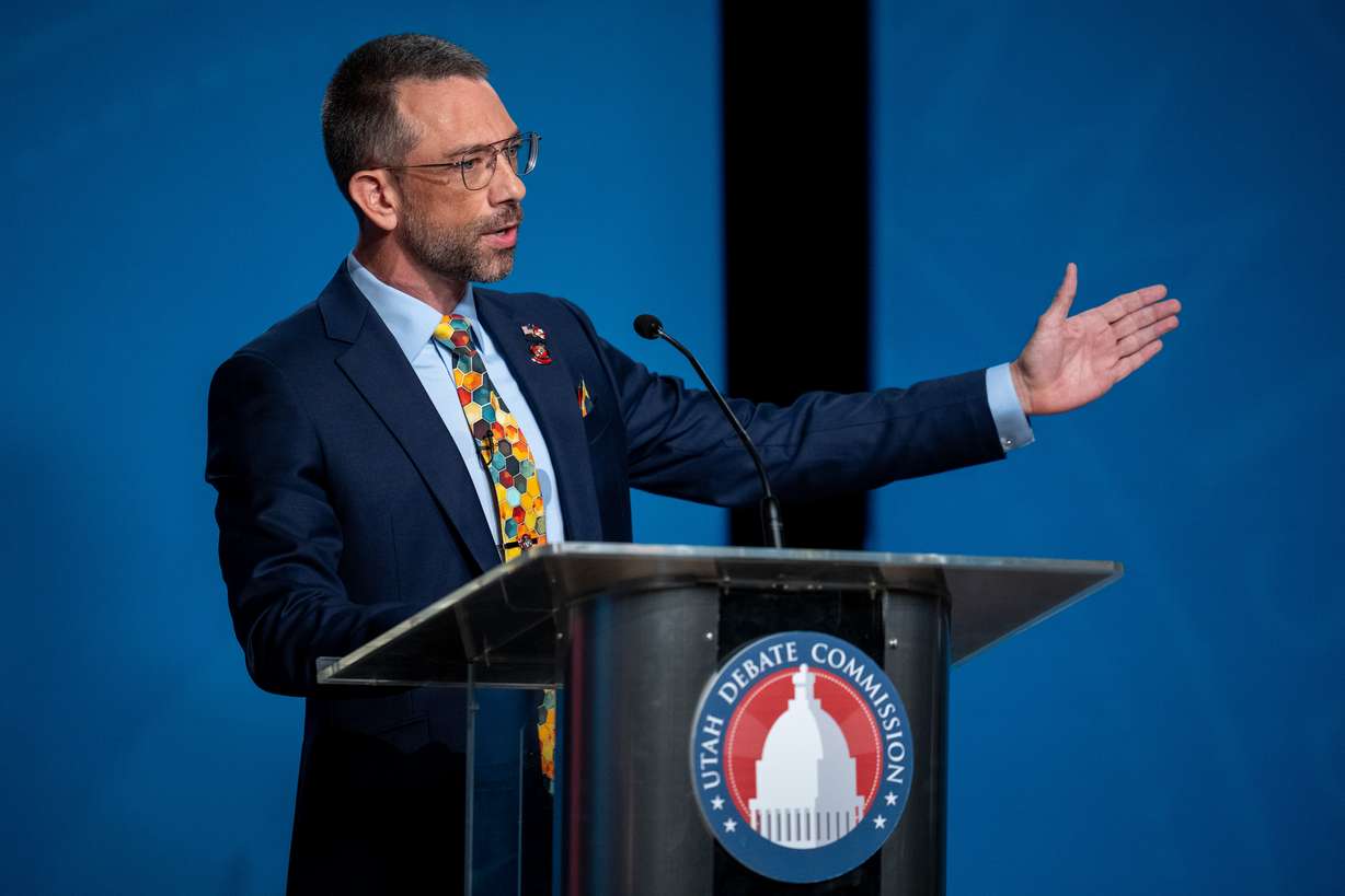 Jonny Larsen, Democratic candidate for Utah's 4th congressional district, speaks during a debate Thursday at Snow College in Ephraim.