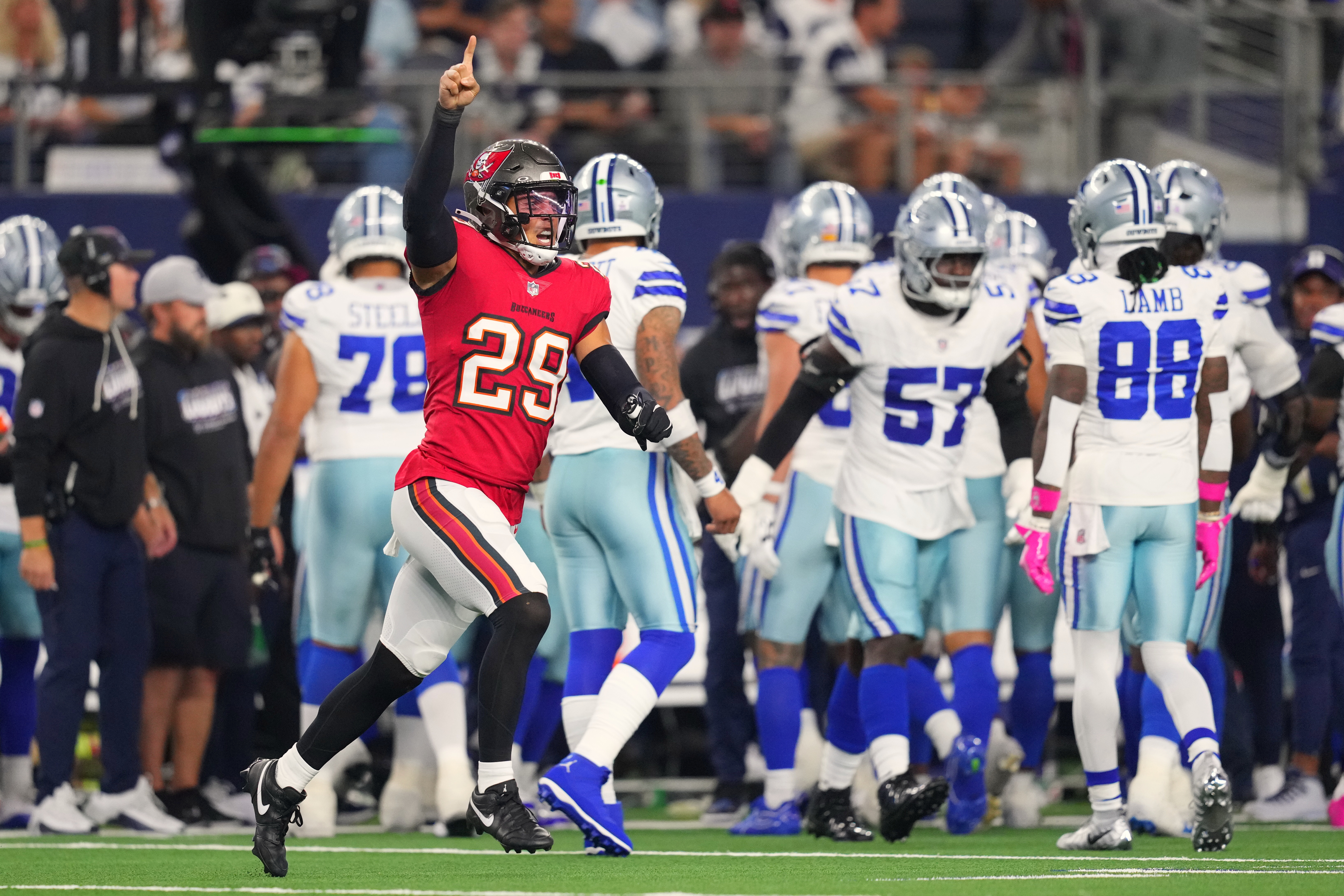 Tampa Bay Buccaneers safety Miles Killebrew (29) celebrates after the Buccaneers recovered a fumbled kickoff return by the Dallas Cowboys in the second half of an NFL football game in Arlington, Texas on Thursday, Oct. 8, 2026. 
